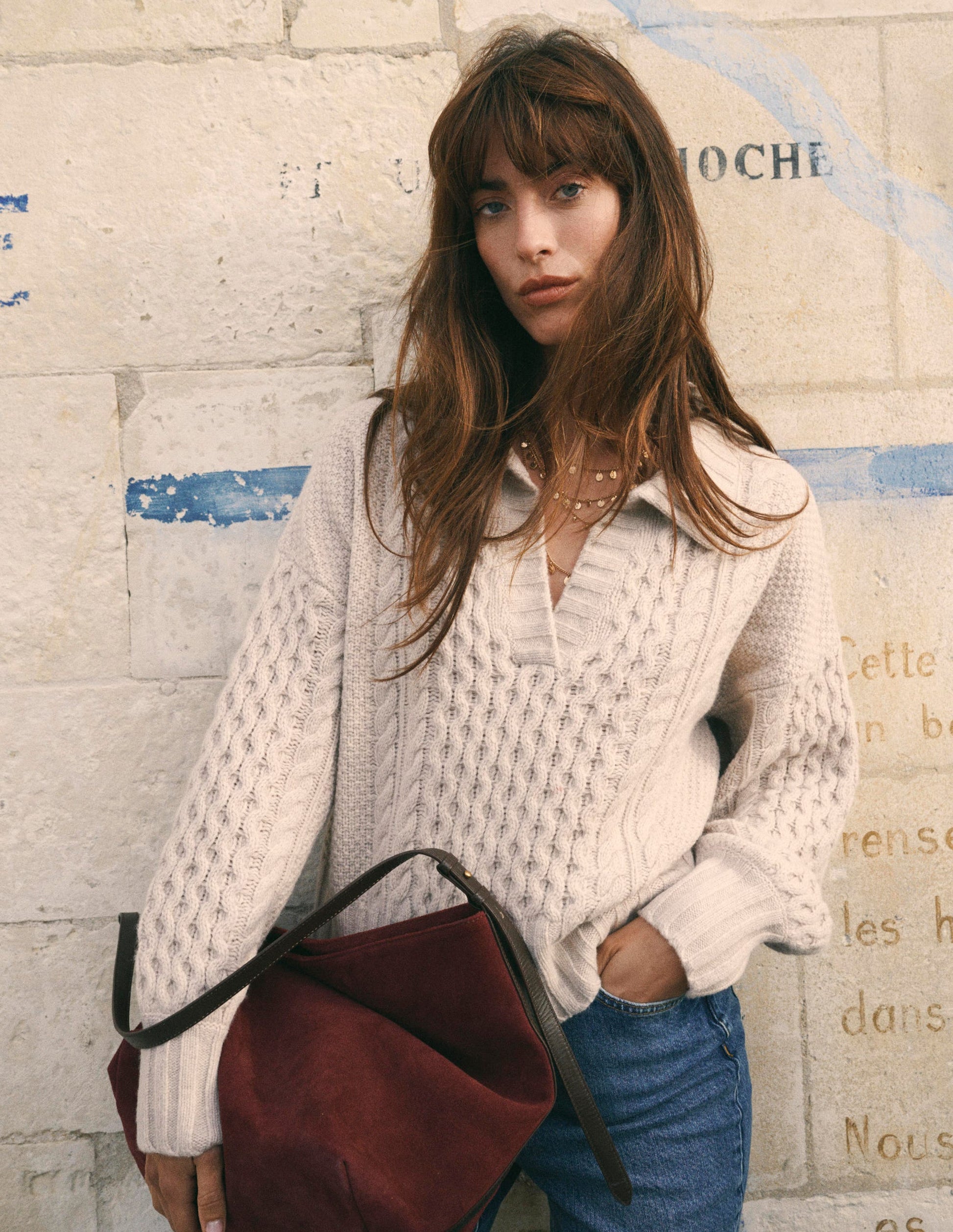 Collared Cable Knit Sweater-Oatmeal-1