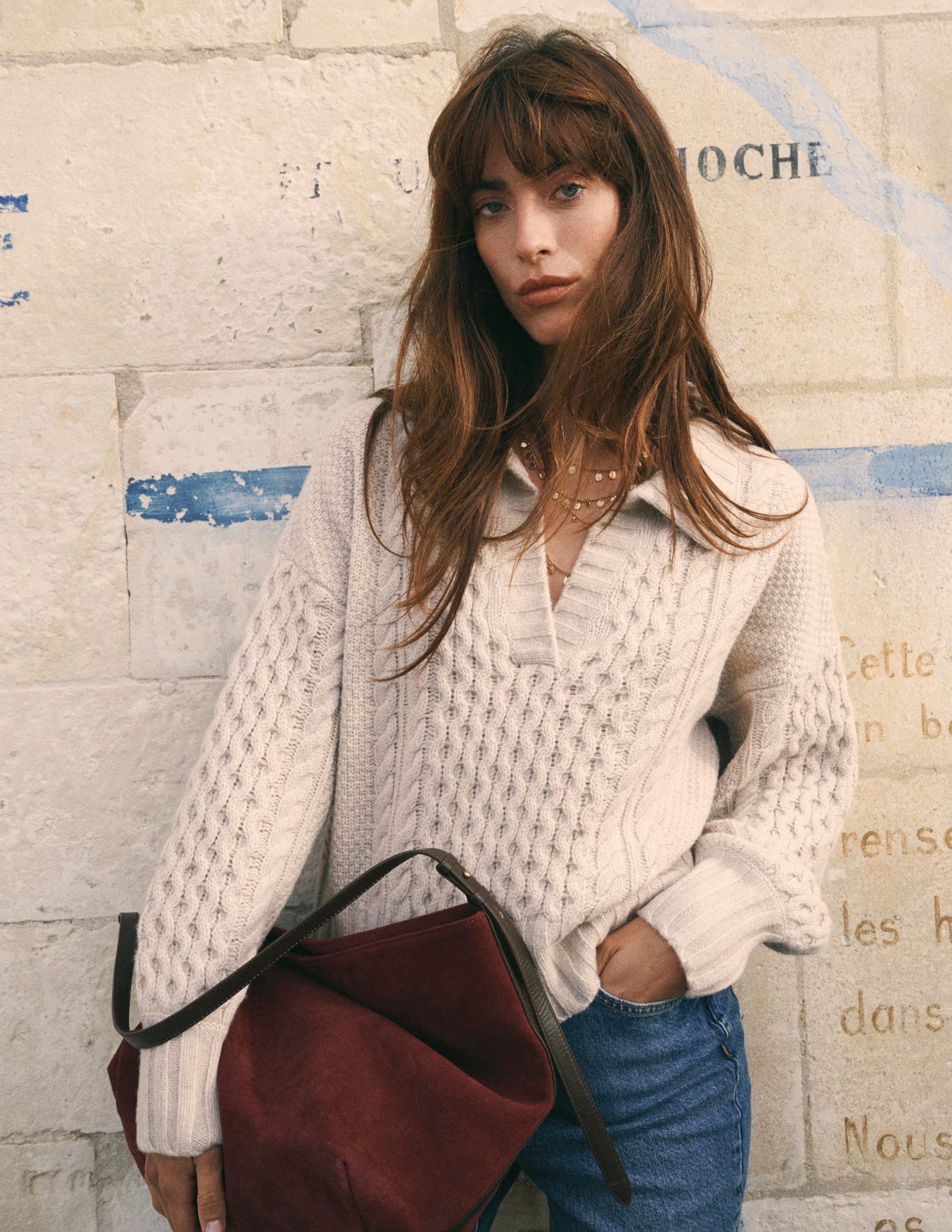 Collared Cable Knit Sweater-Oatmeal - Image 1
