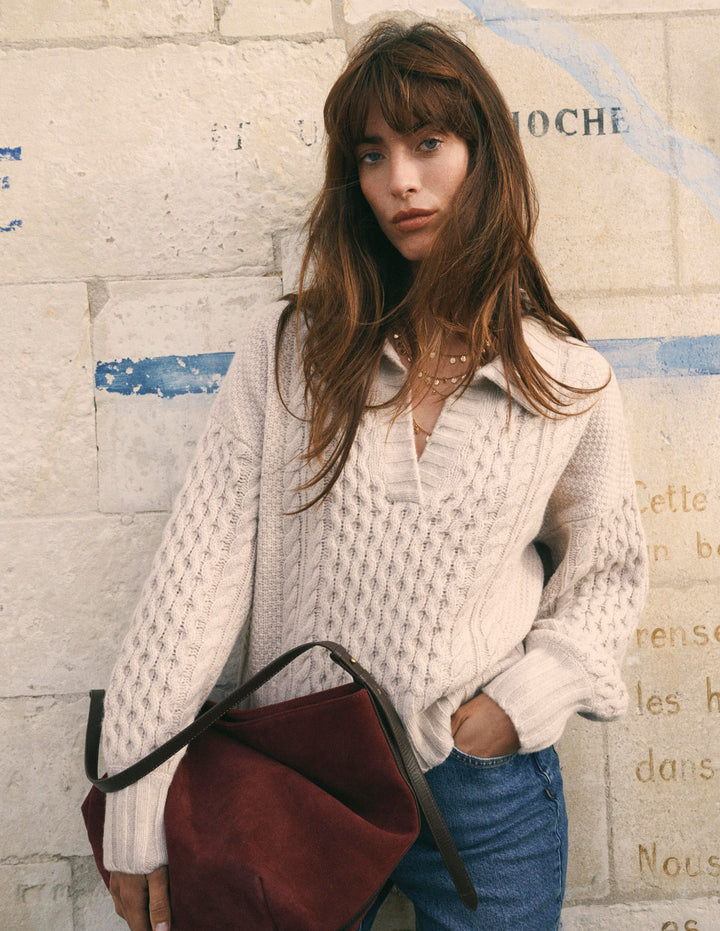 Collared Cable Knit Sweater-Oatmeal