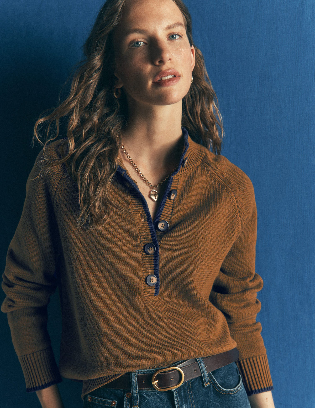 Lara Cotton Button Neck Jumper-Gingerbread-1
