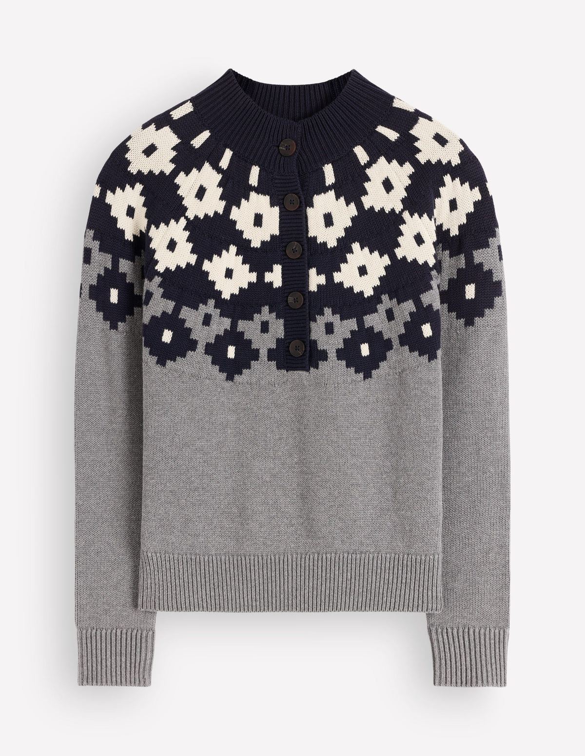 Lara Cotton Button Neck Jumper-Grey Marl, Fair Isle-8