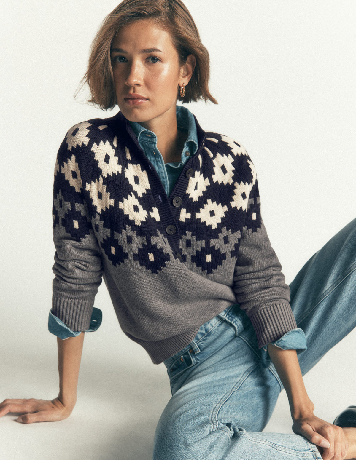 Lara Cotton Button Neck Jumper-Grey Marl, Fair Isle - Image 1