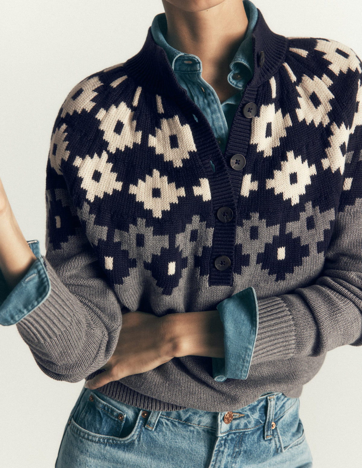 Lara Cotton Button Neck Jumper-Grey Marl, Fair Isle - Image 2