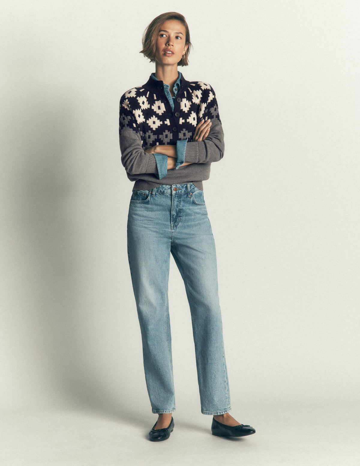 Lara Cotton Button Neck Jumper-Grey Marl, Fair Isle-4