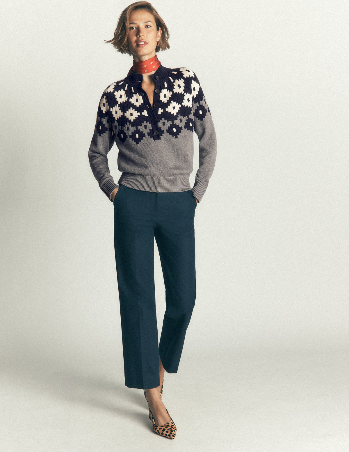 Lara Cotton Button Neck Jumper-Grey Marl, Fair Isle-6