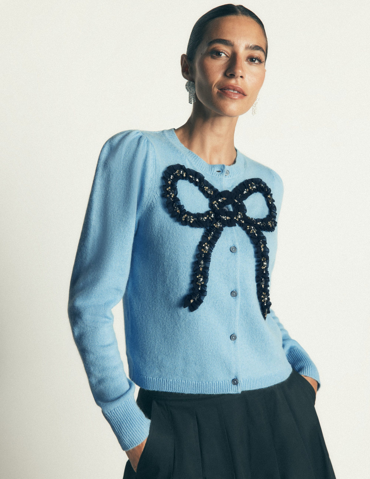 Ria Embellished Knit Cardigan-Blue, Bow - Image 2