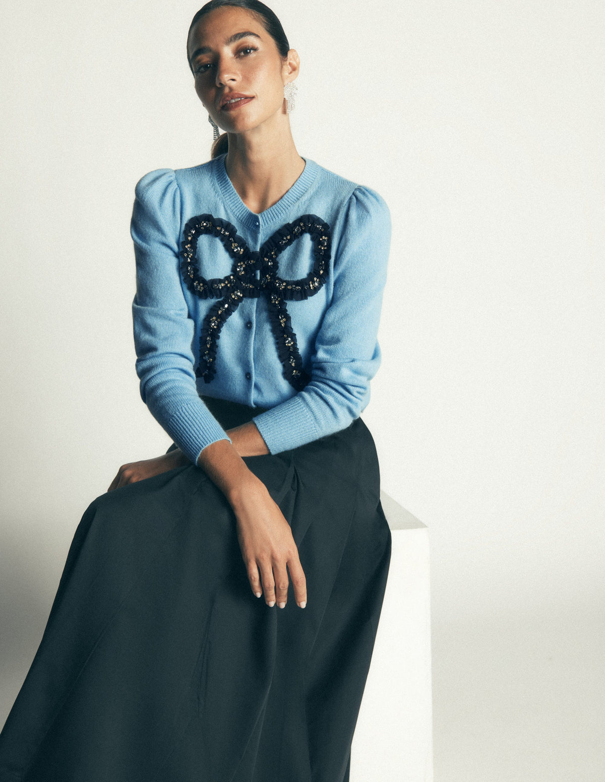 Ria Embellished Knit Cardigan-Blue, Bow-6