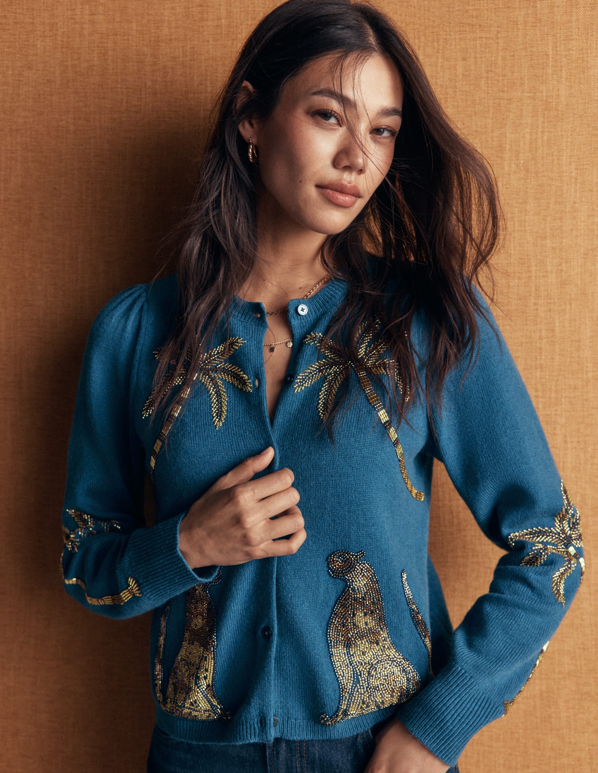 Ria Embellished Knit Cardigan-Blue, Palm - Image 2