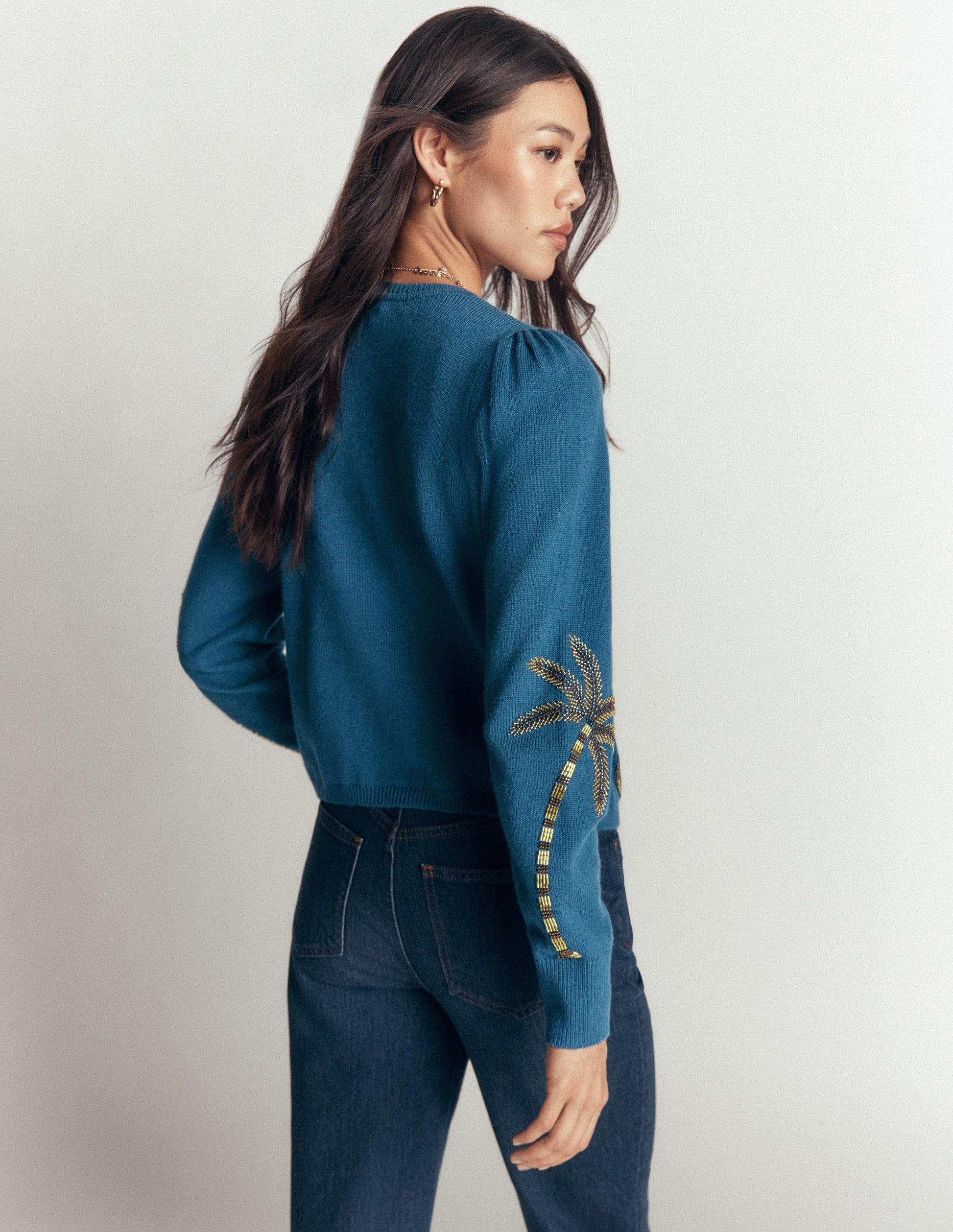 Ria Embellished Knit Cardigan-Blue, Palm-4