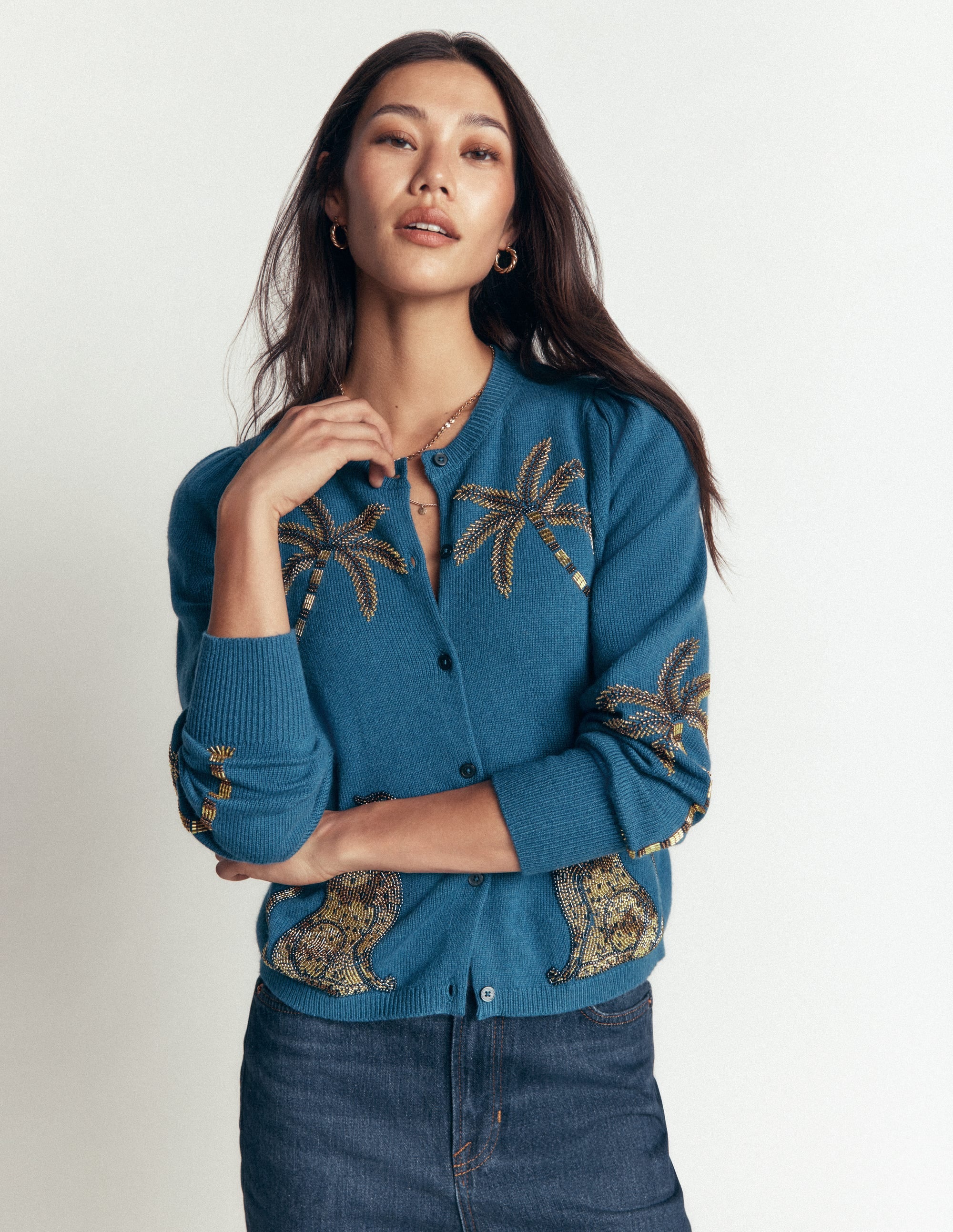 Ria Embellished Knit Cardigan-Blue, Palm - Image 5