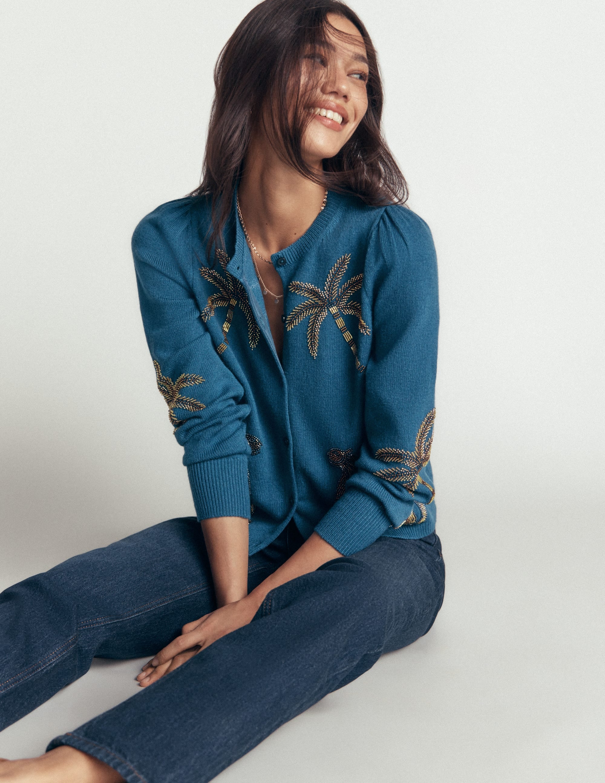 Ria Embellished Knit Cardigan-Blue, Palm - Image 6