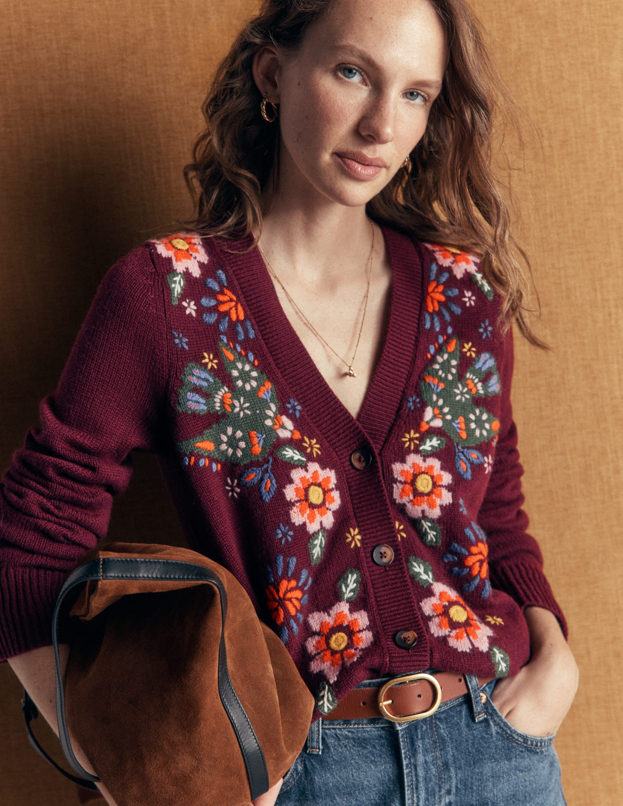 Ella Embroidered Knit Cardigan-Dark Cherry, Embroidery - Image 2