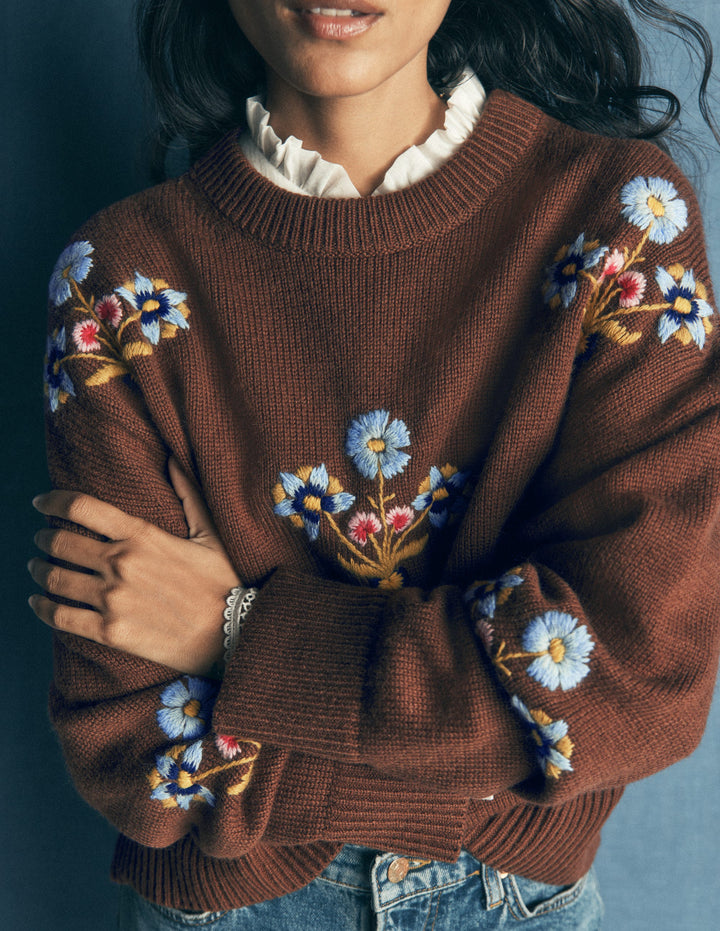 Ella Embroidered Knit Sweater-Raw Umber, Floral