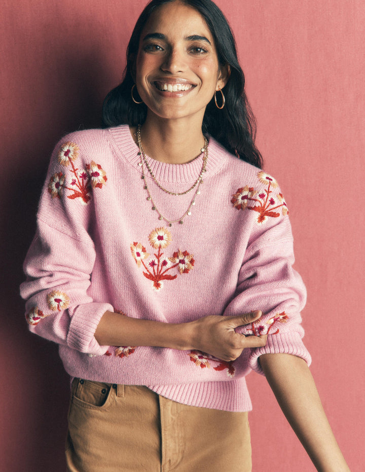 Ella Embroidered Knit Sweater-Spring Blossom Pink, Floral