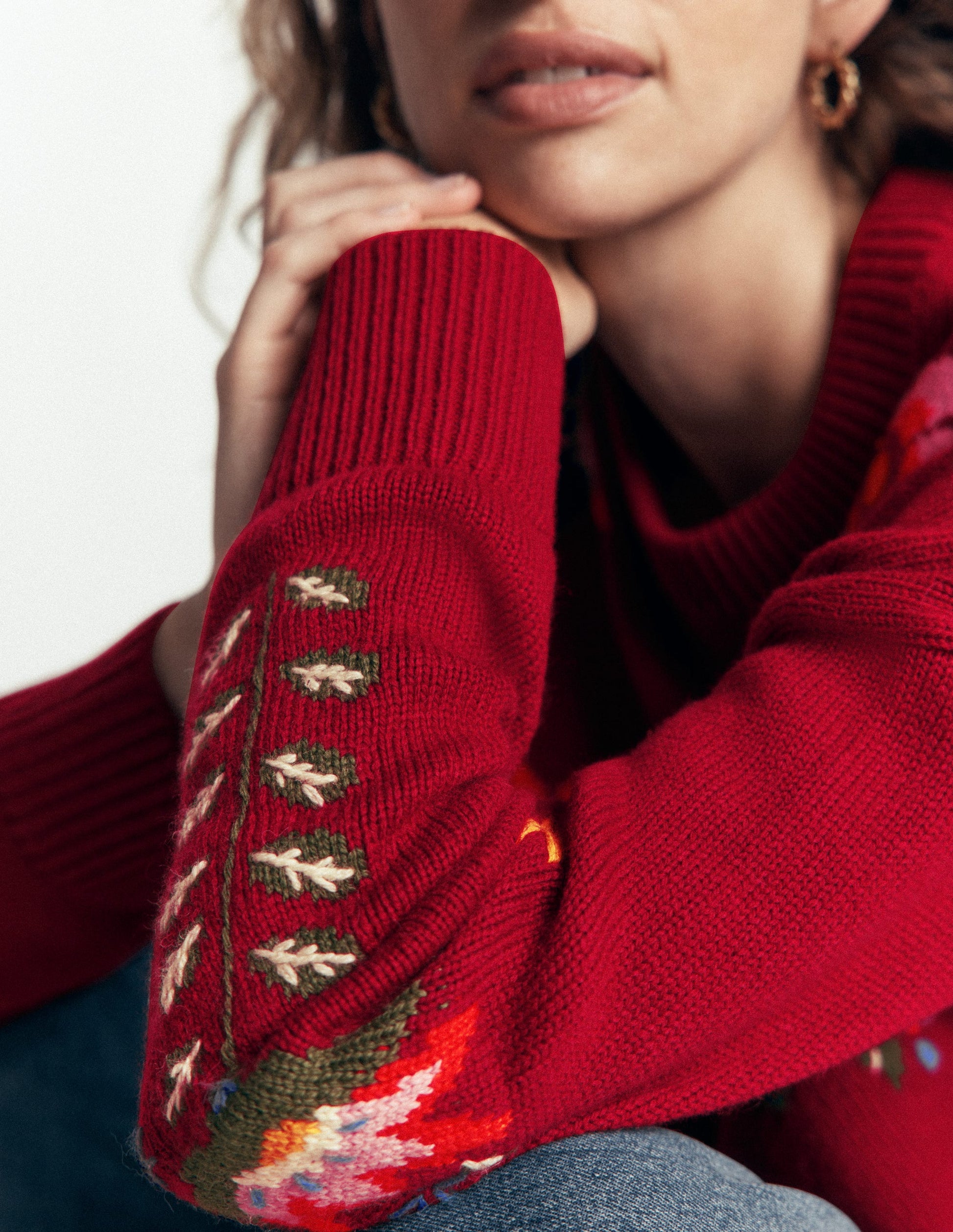 Ella Embroidered Knit Sweater-Crimson Red Embroidery-2