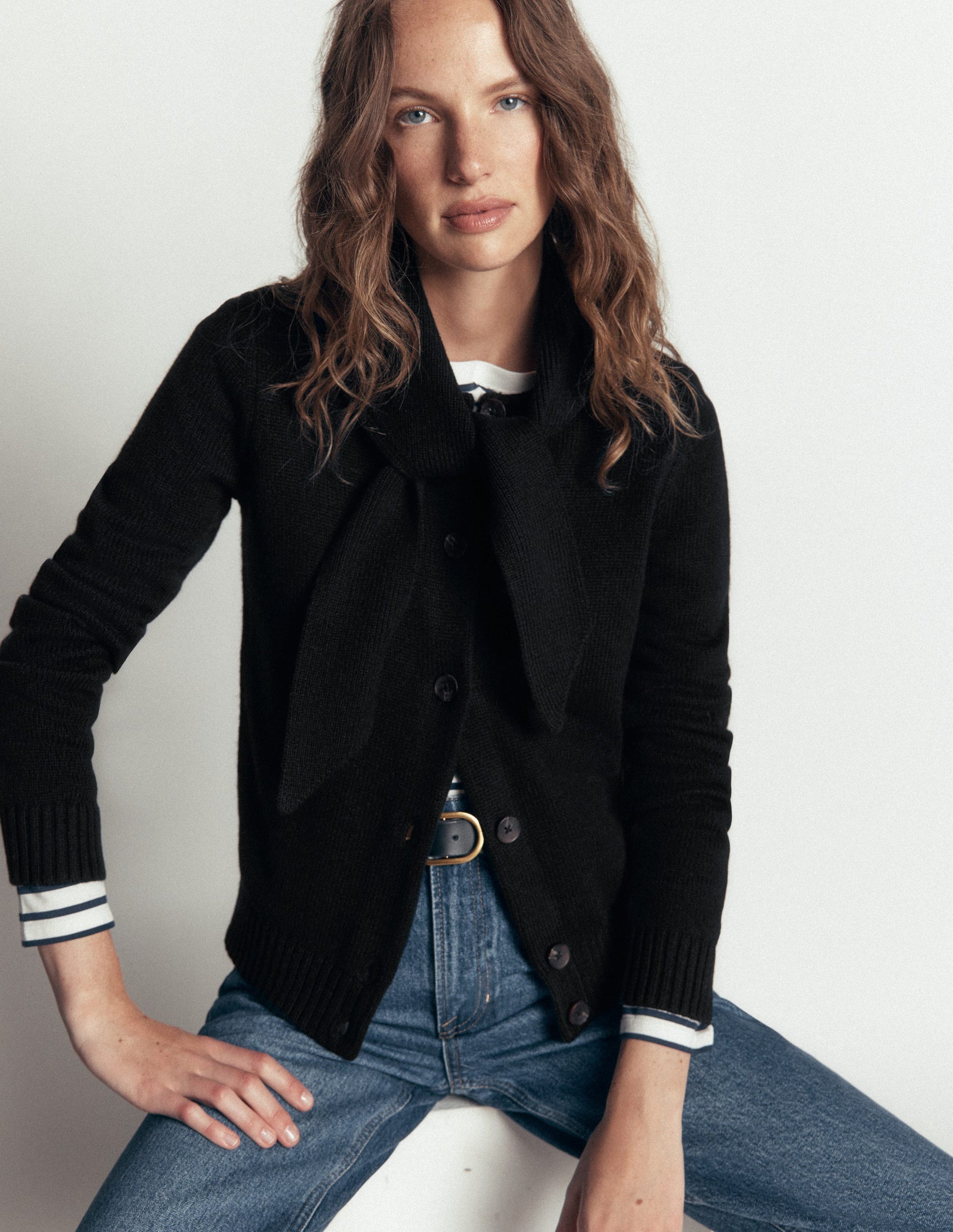 Lydia Tie Neck Knit Cardigan-Black-1