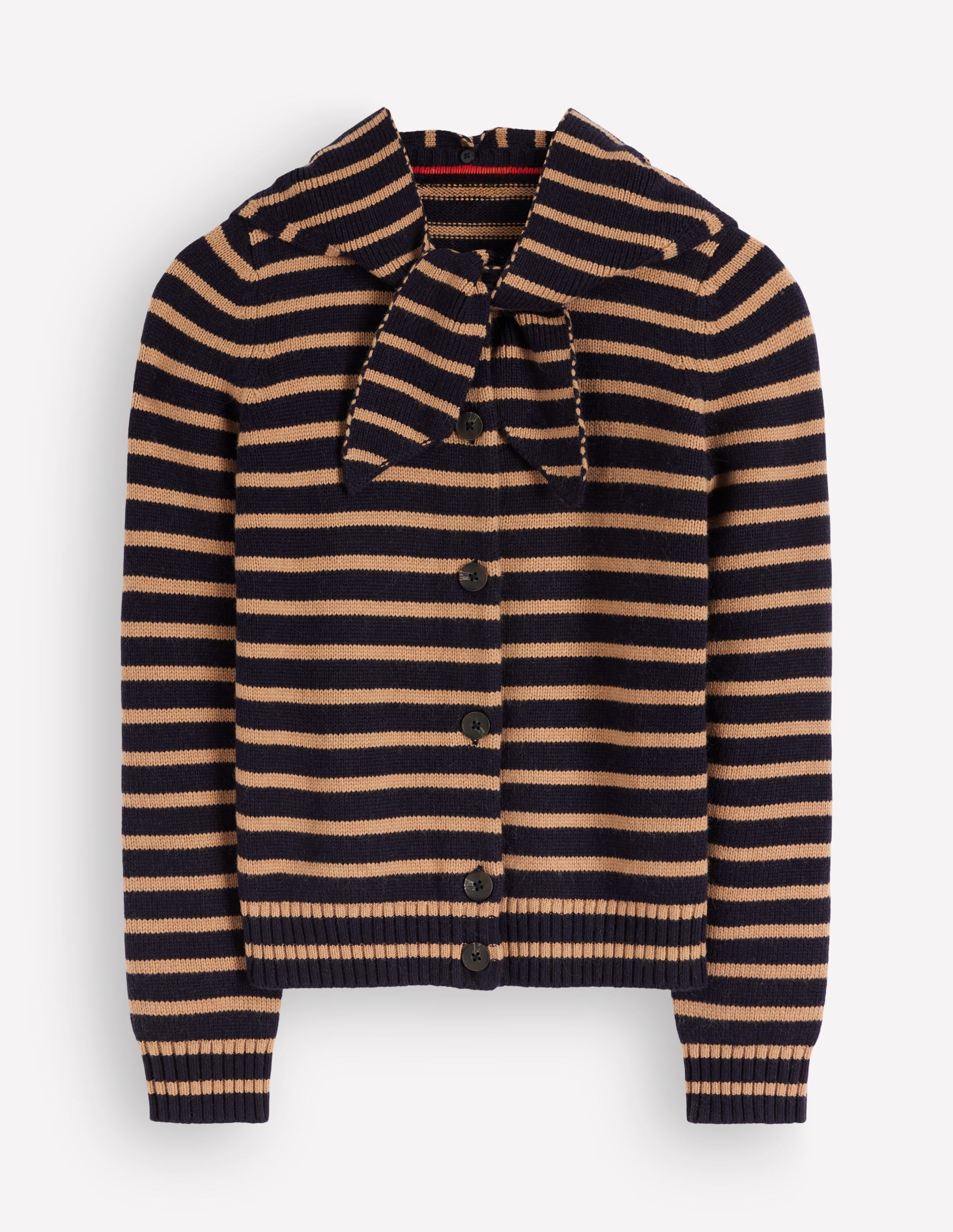Lydia Tie Neck Knit Cardigan-Camel Melange, Navy Stripe - Image 5