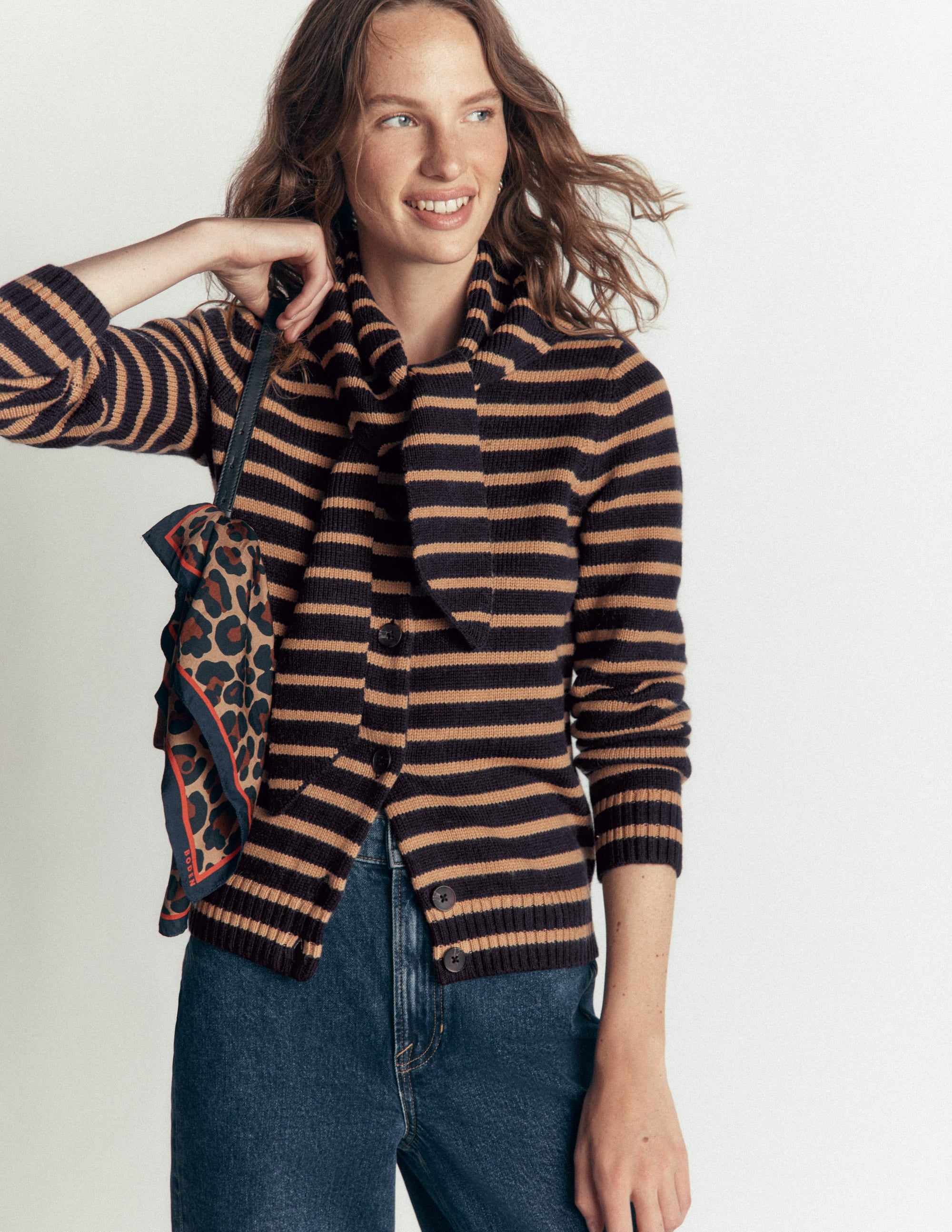 Lydia Tie Neck Knit Cardigan - Camel Melange, Navy Stripe | Boden USA