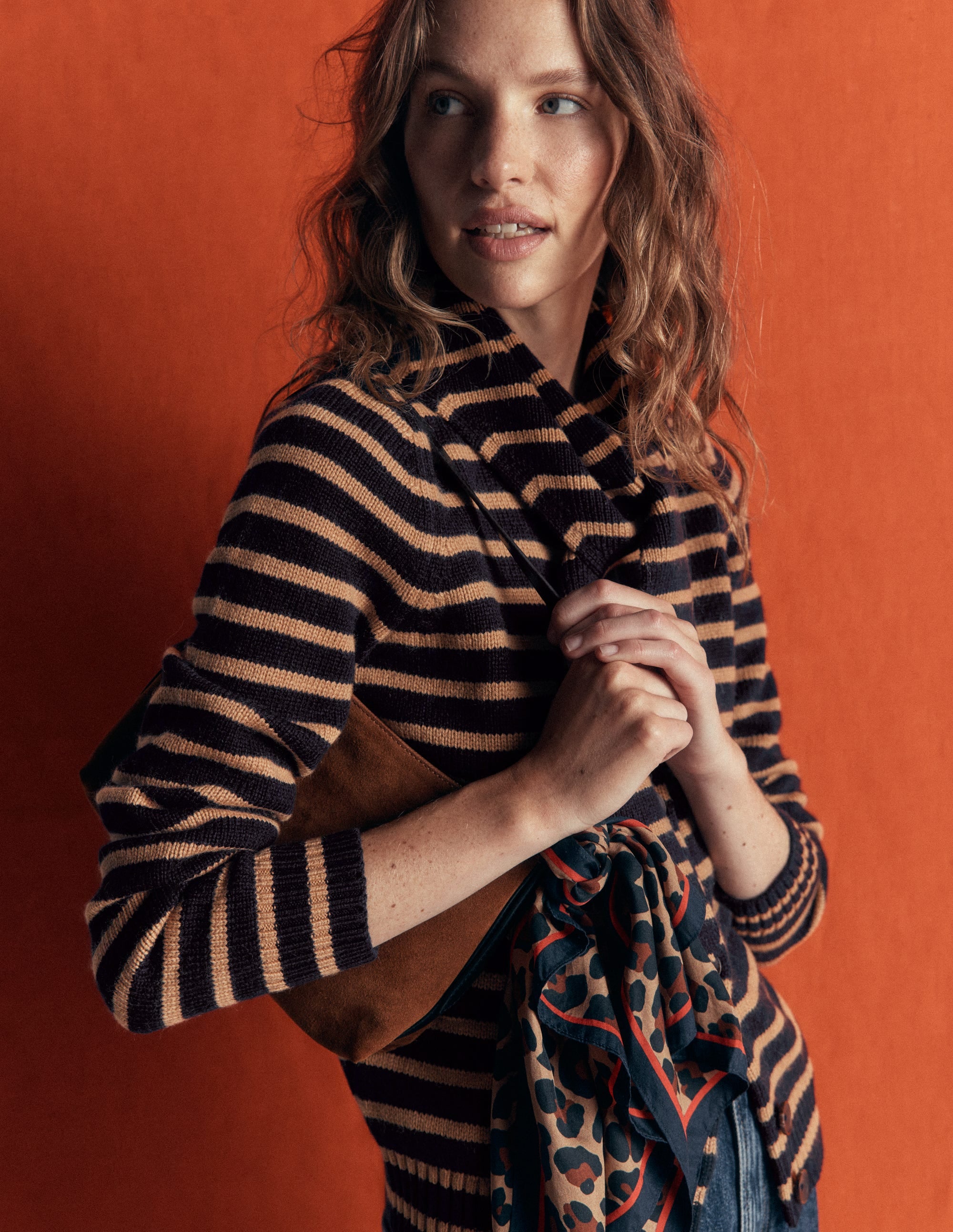 Lydia Tie Neck Knit Cardigan-Camel Melange, Navy Stripe - Image 2