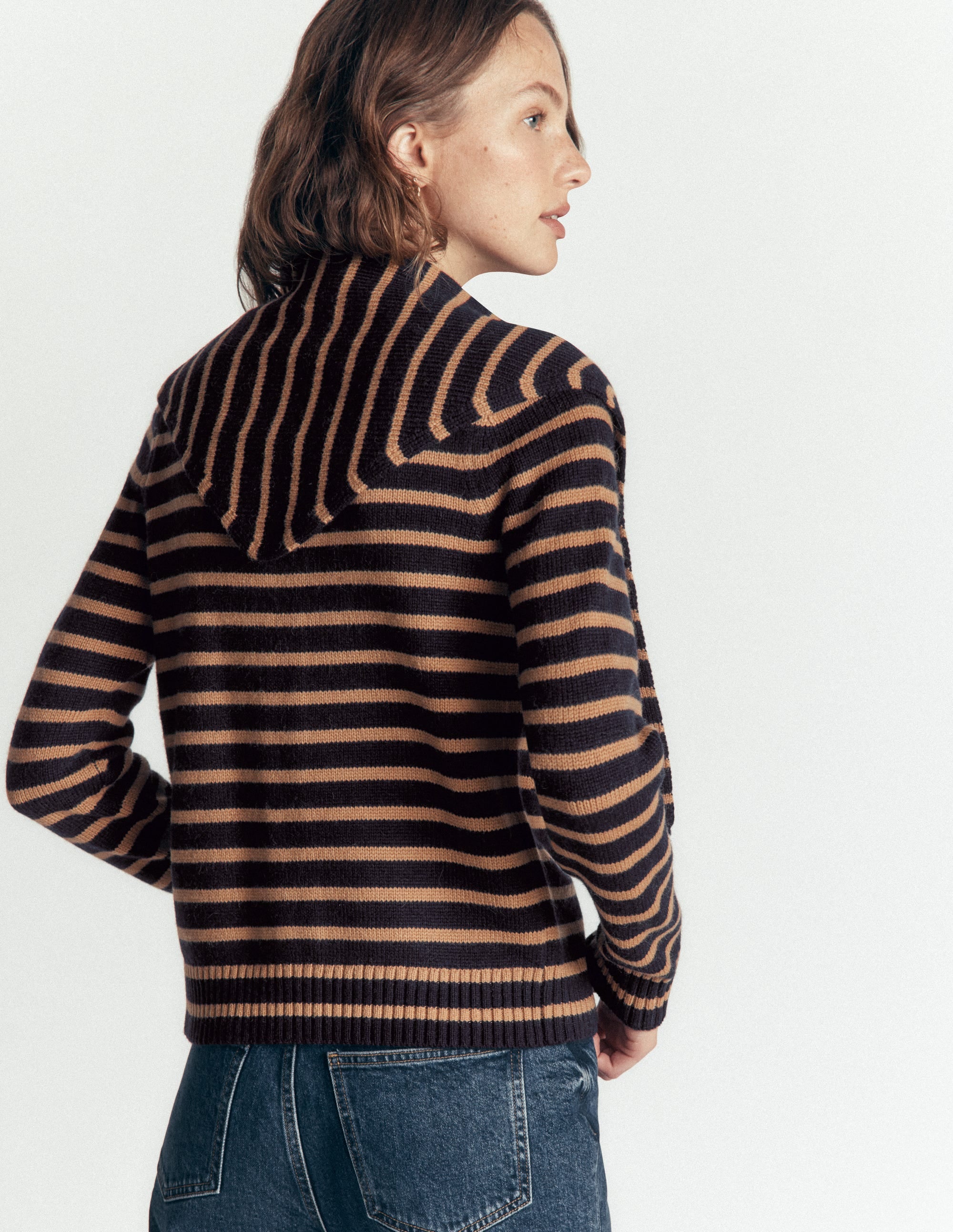 Lydia Tie Neck Knit Cardigan-Camel Melange, Navy Stripe - Image 3