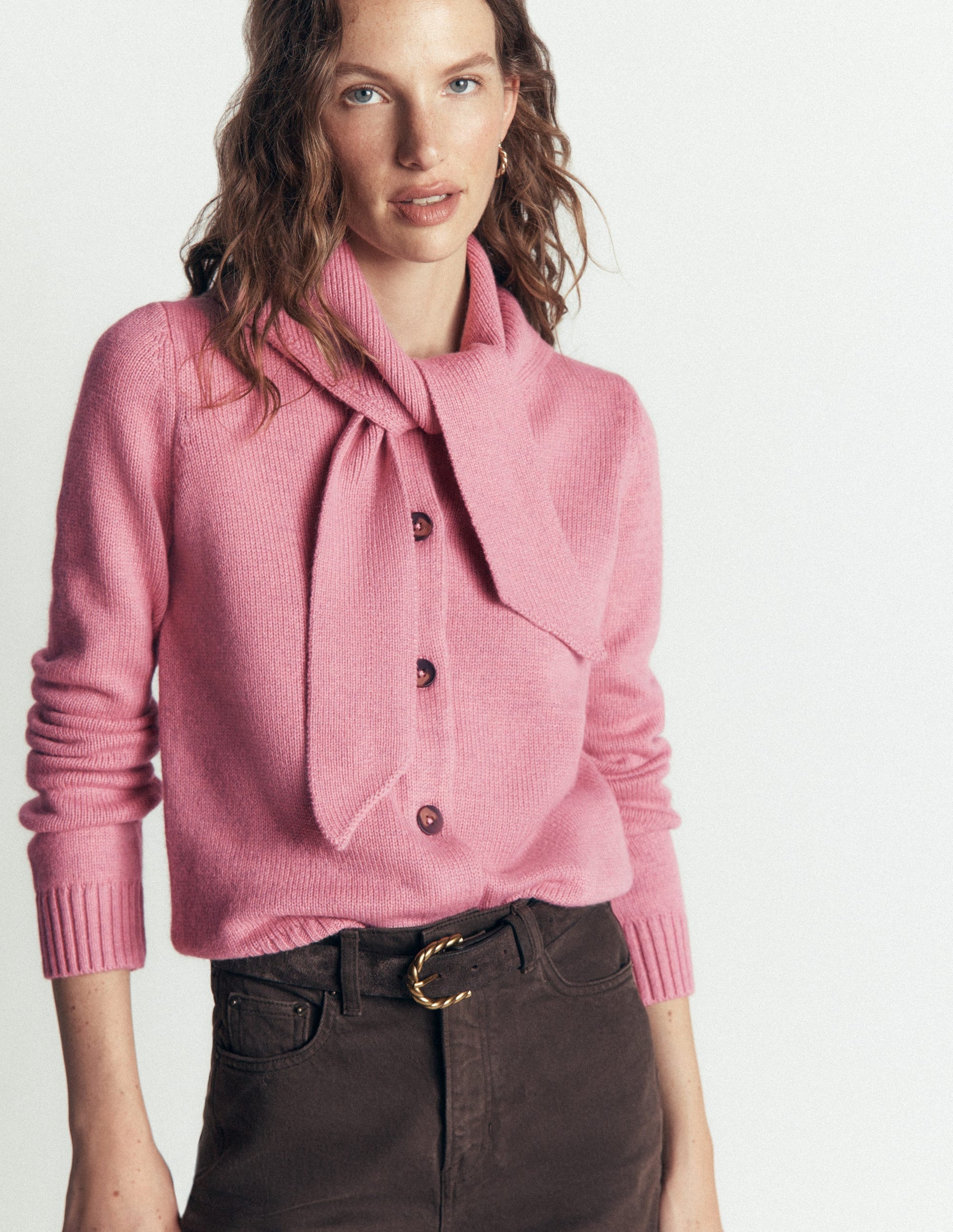 Lydia Tie Neck Knit Cardigan-Heather Rose Melange-5