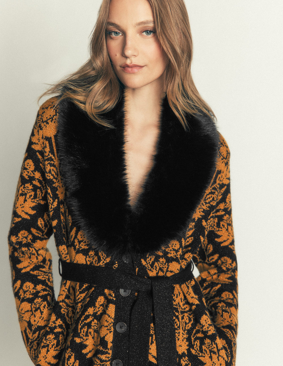 Belted Wrap Knitted Cardigan-Metallic Black Gold Jacquard - Image 3
