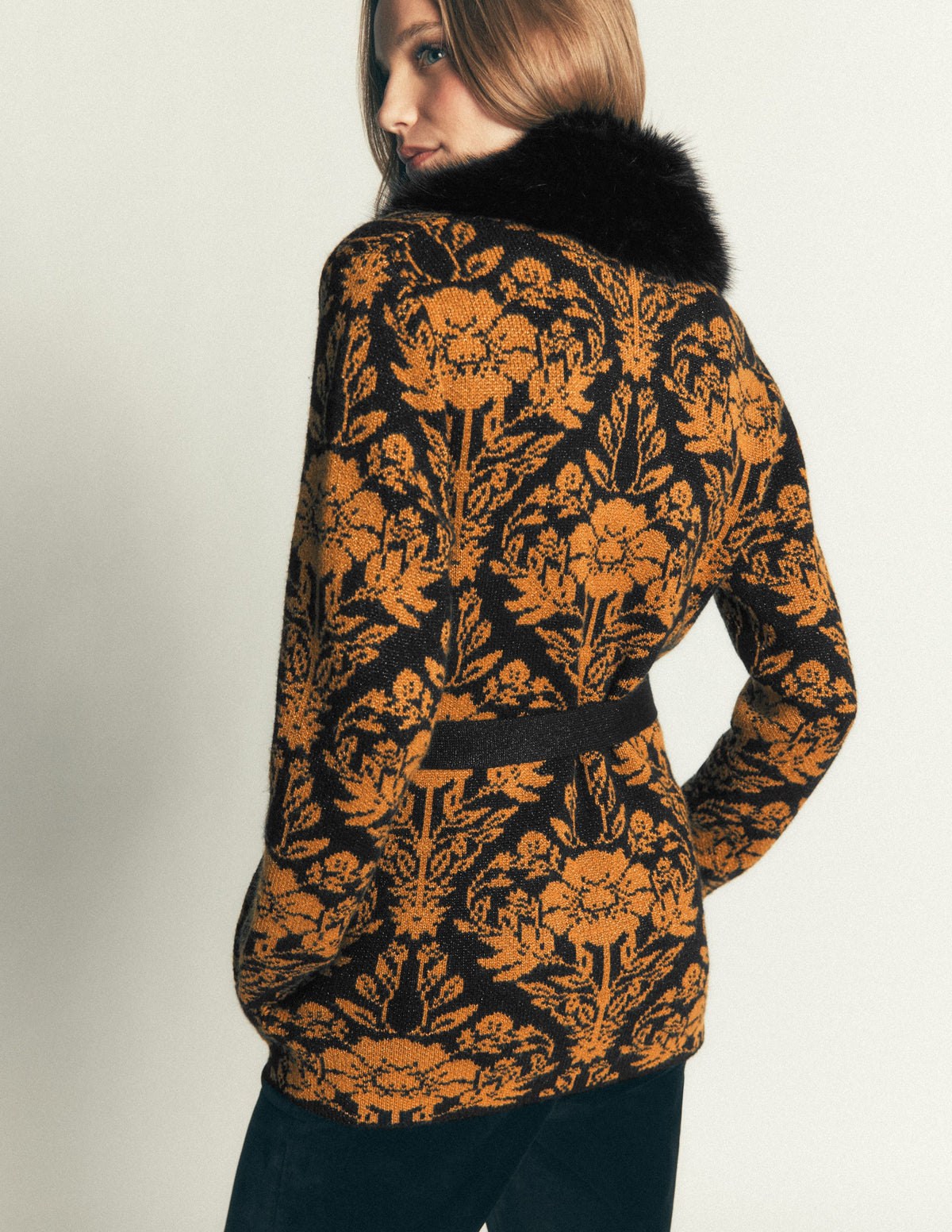 Belted Wrap Knitted Cardigan-Metallic Black Gold Jacquard-4