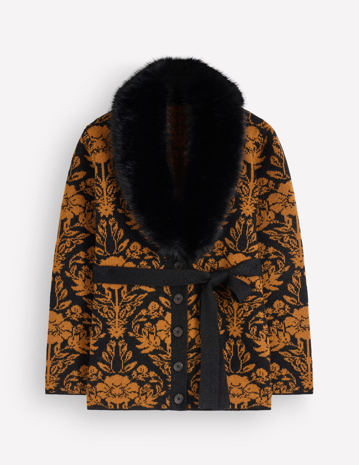Belted Wrap Knitted Cardigan-Metallic Black Gold Jacquard-6