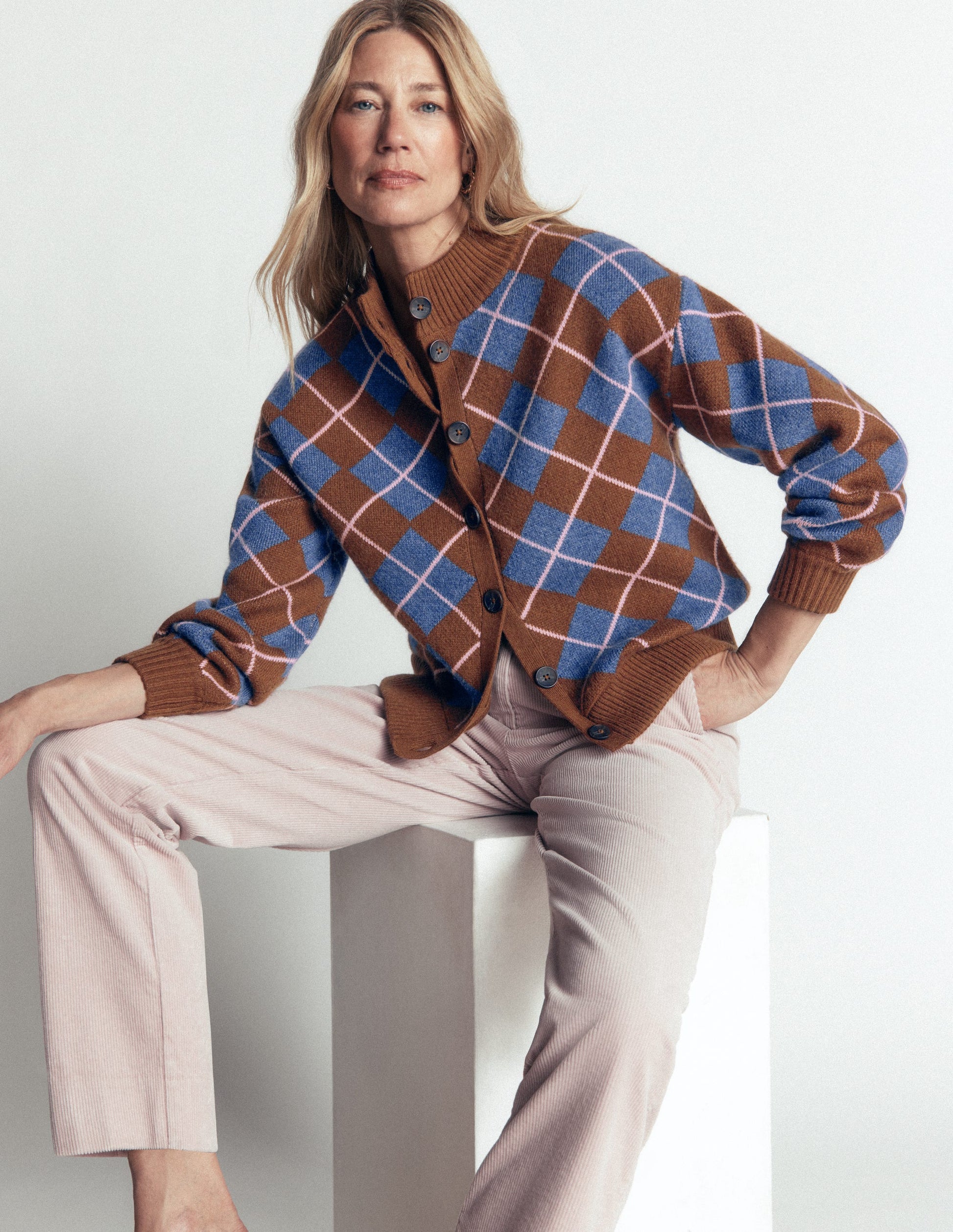 Jemma Jacquard Knit Cardigan-Raw Umber, Argyle-2