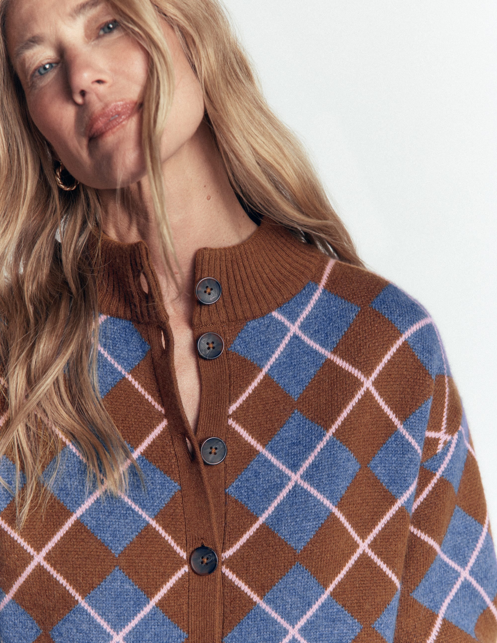 Jemma Jacquard Knit Cardigan-Raw Umber, Argyle - Image 3