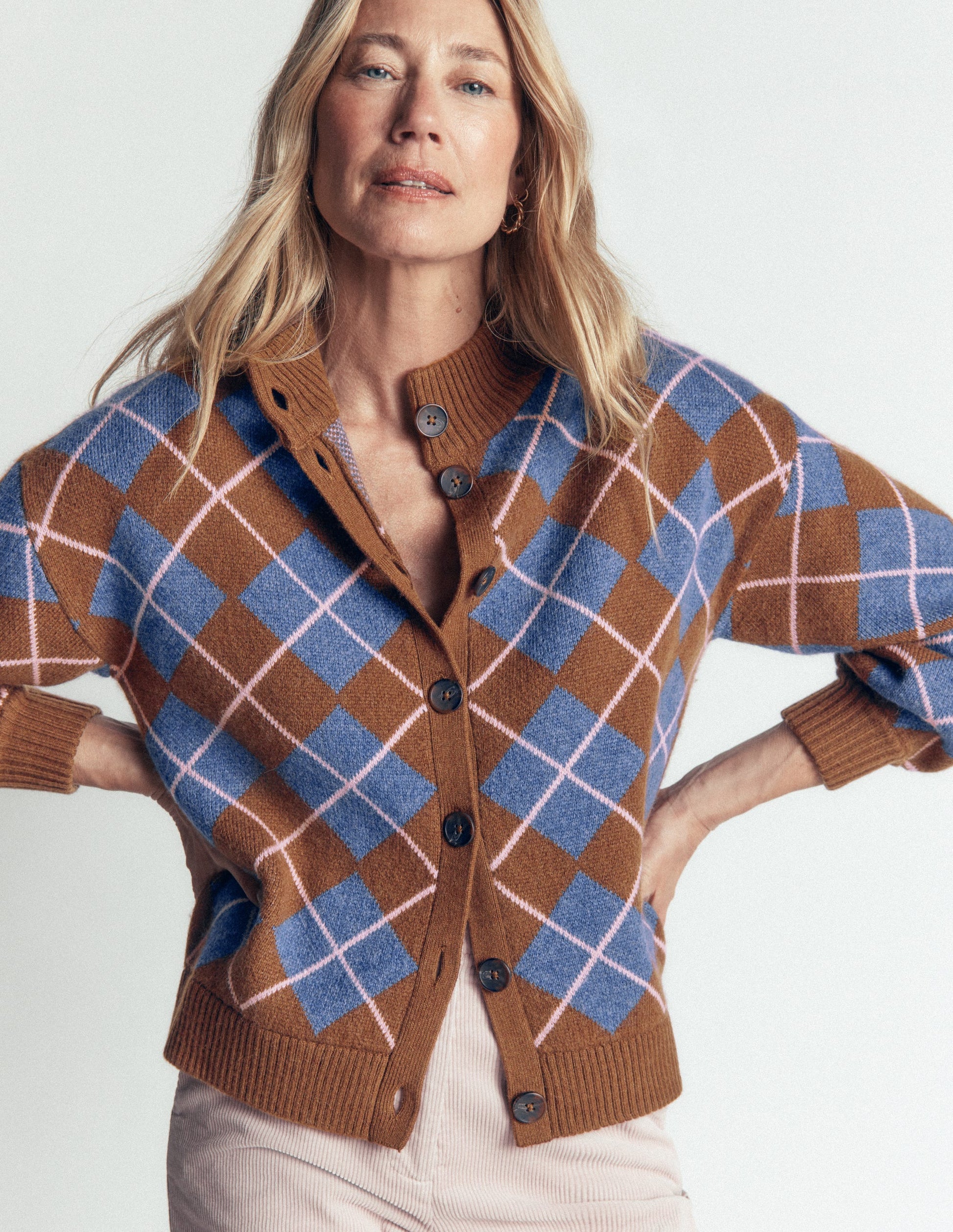 Jemma Jacquard Knit Cardigan-Raw Umber, Argyle-5