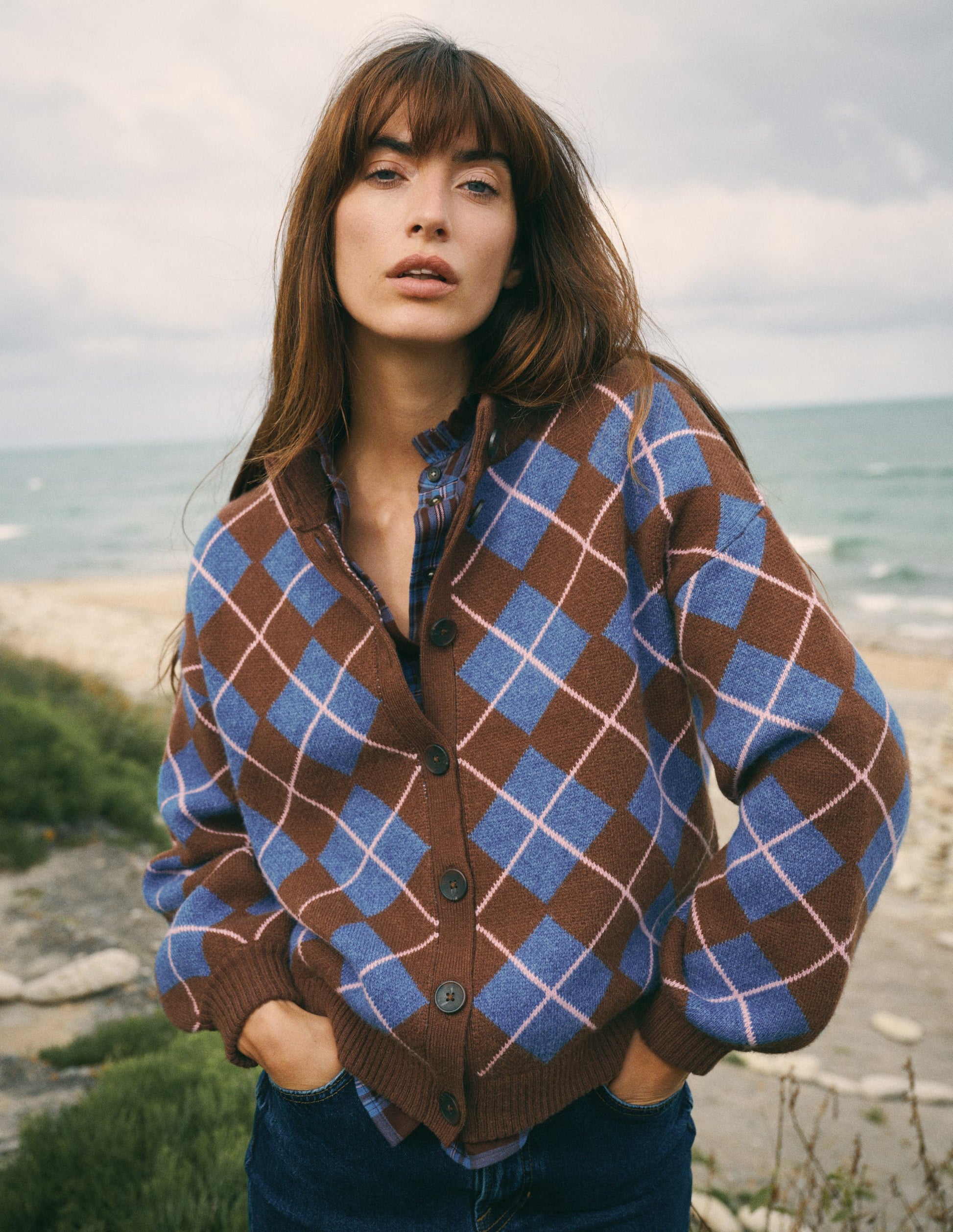 Jemma Jacquard Knit Cardigan-Raw Umber, Argyle-1