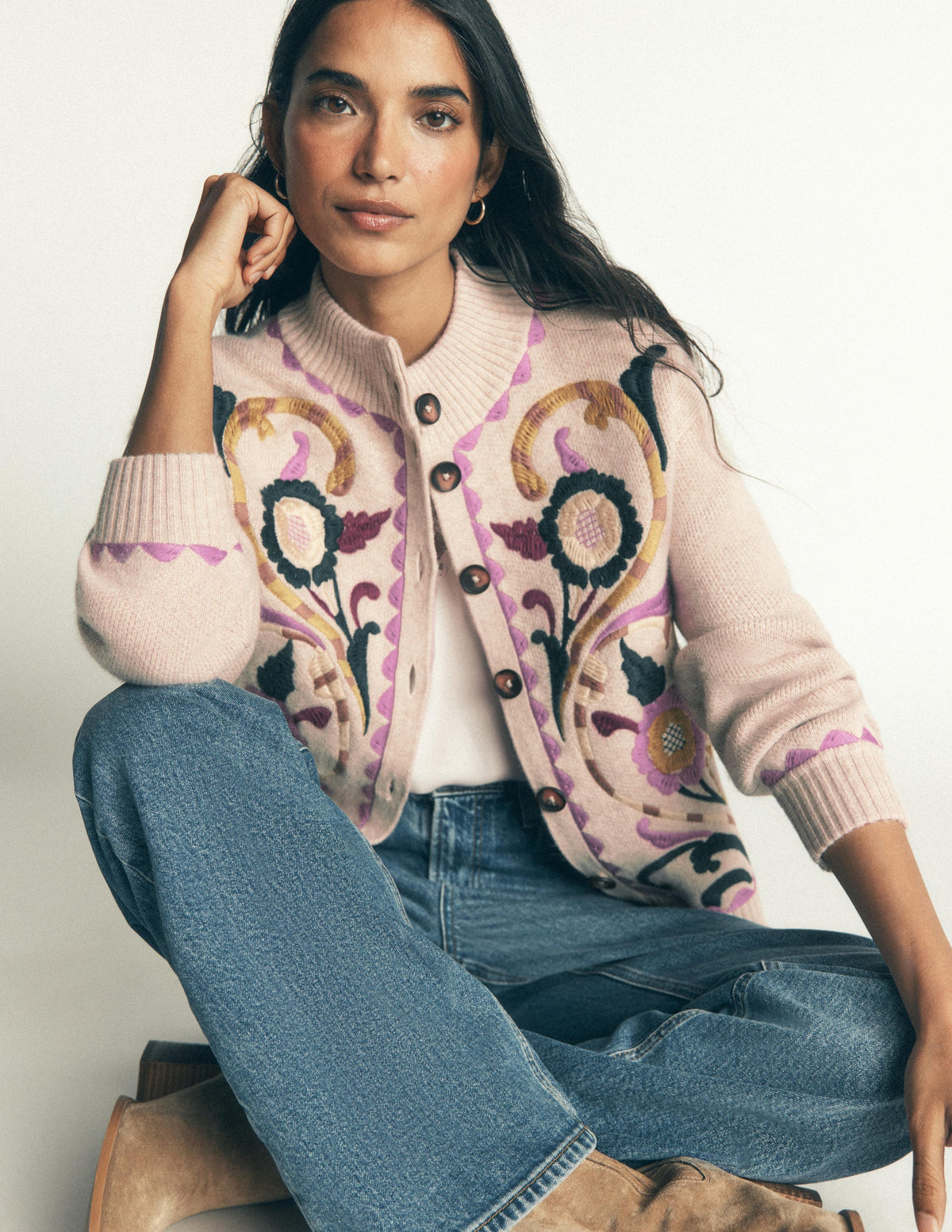 Jemma Jacquard Knit Cardigan-Oatmeal Melange, Embroidery - Image 2
