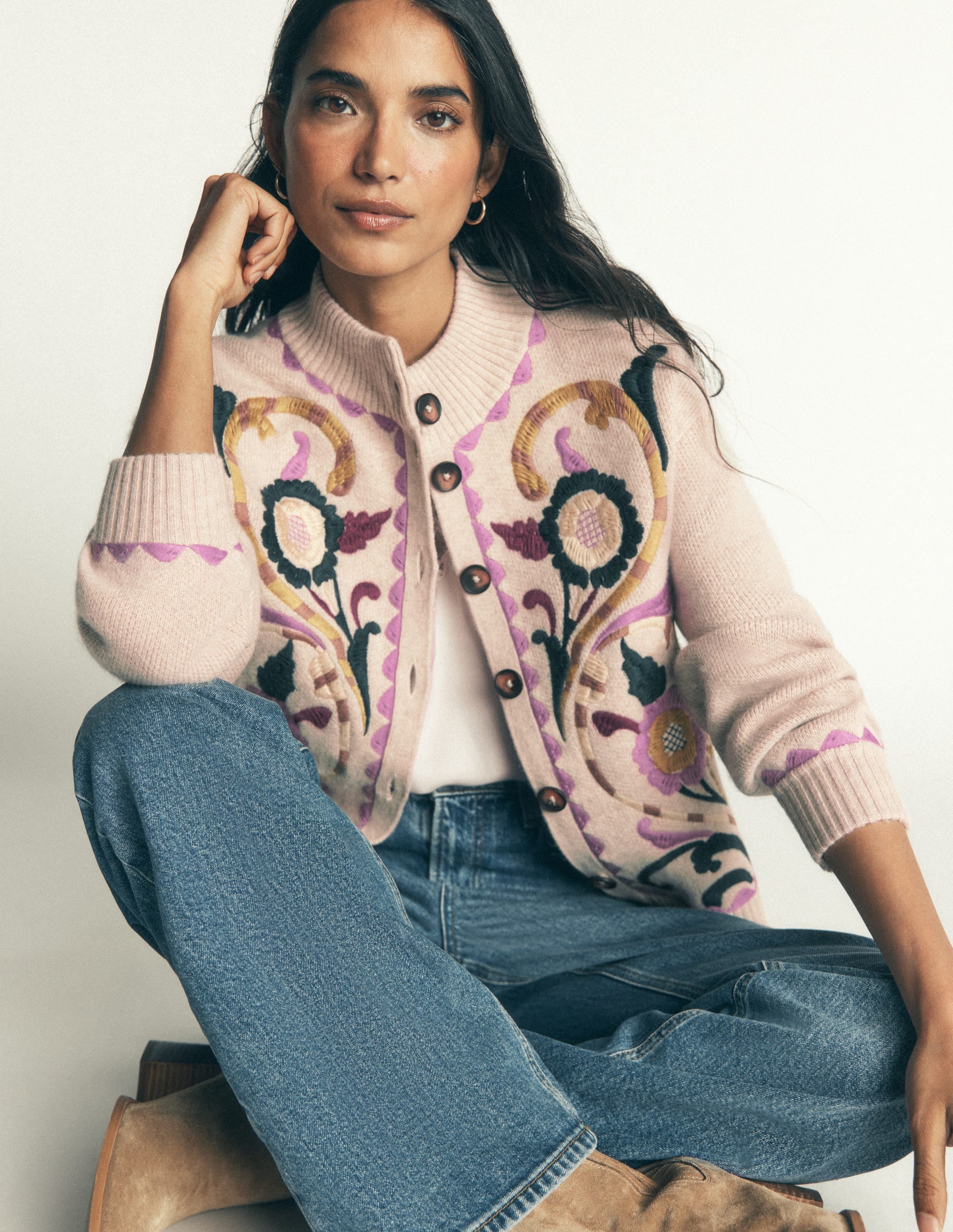 Jemma Jacquard Knit Cardigan - Oatmeal Melange, Embroidery | Boden USA