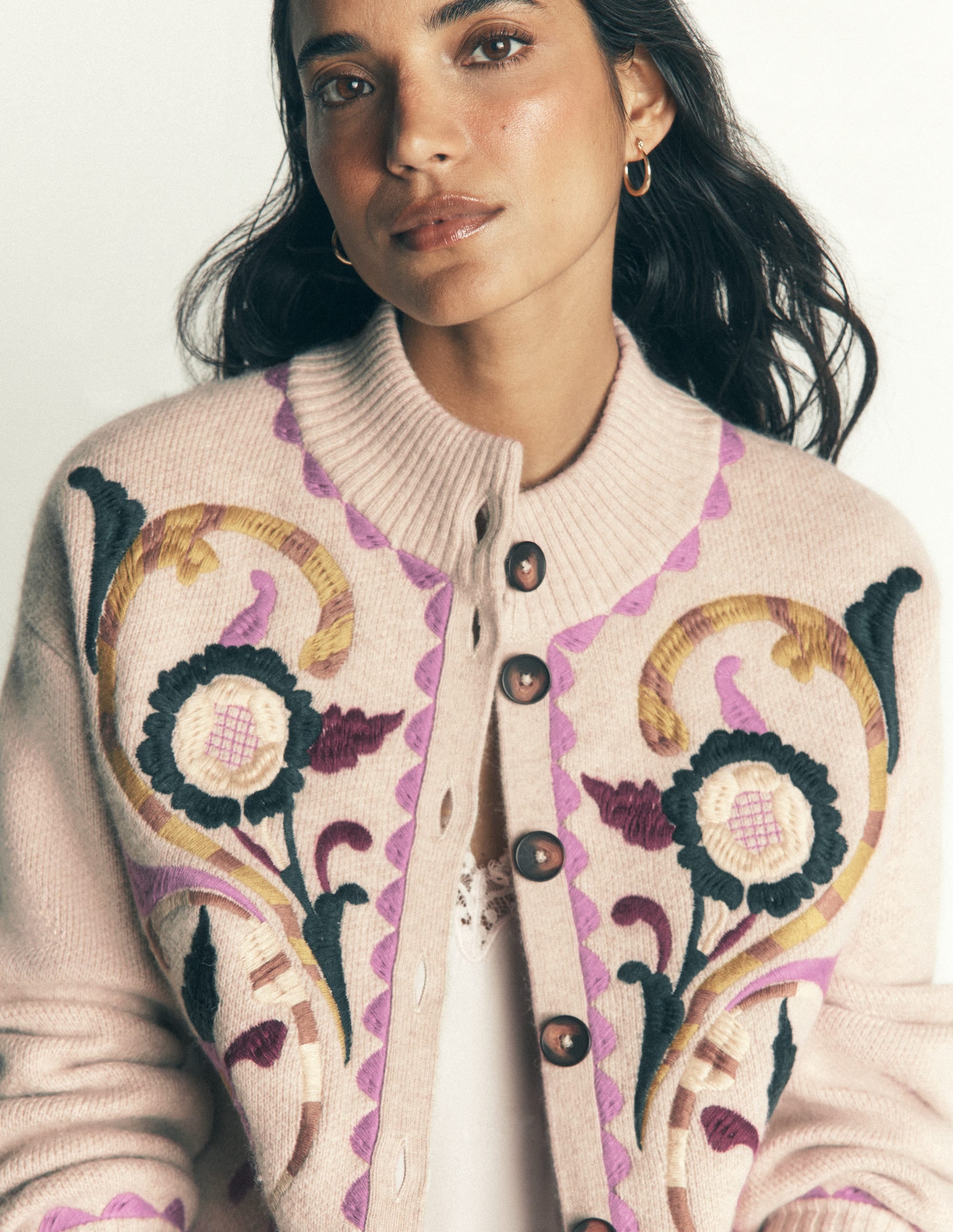 Jemma Jacquard Knit Cardigan - Oatmeal Melange, Embroidery | Boden USA