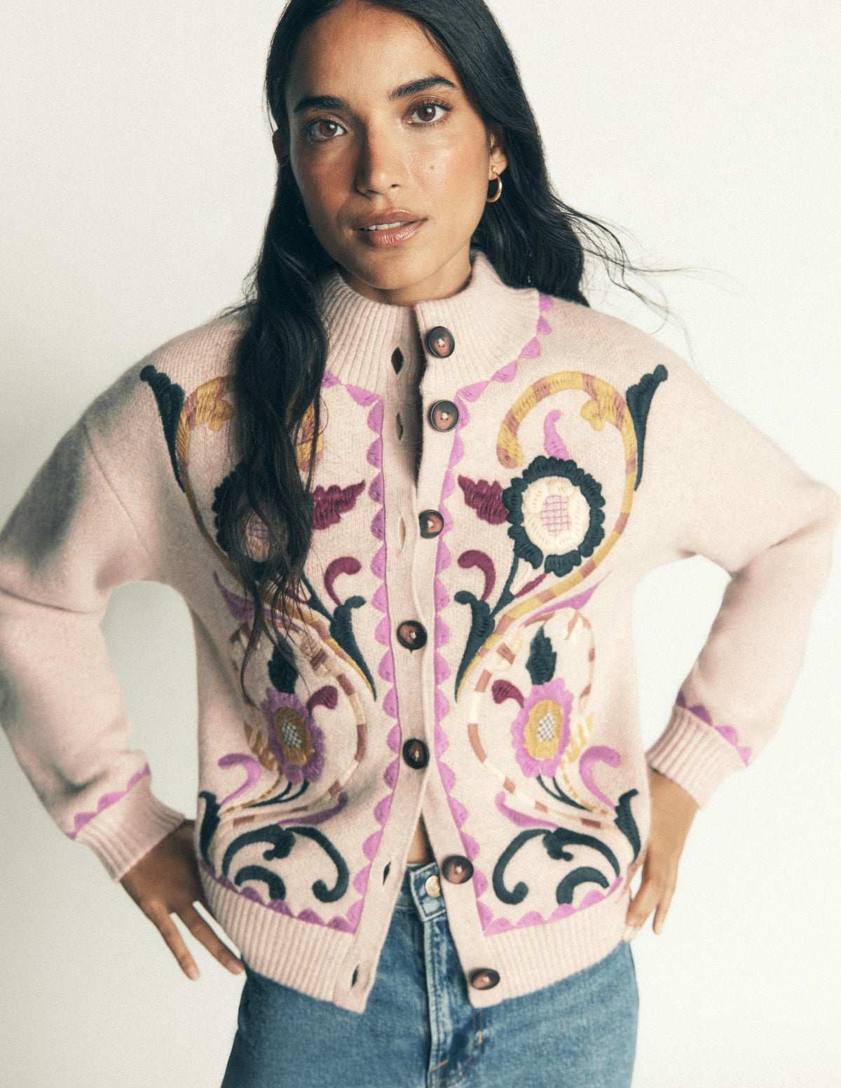 Jemma Jacquard Knit Cardigan-Oatmeal Melange, Embroidery - Image 5