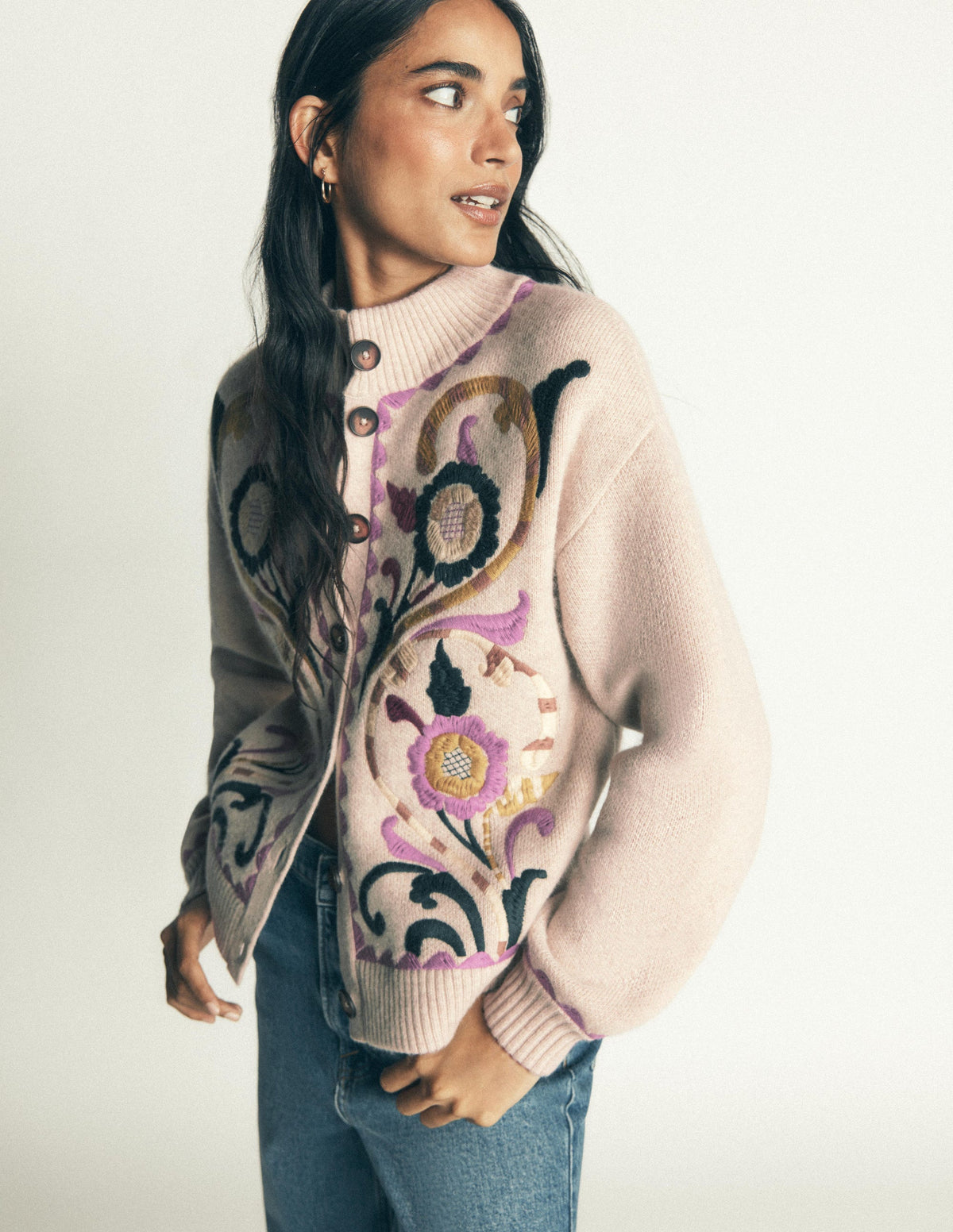 Jemma Jacquard Knit Cardigan-Oatmeal Melange, Embroidery - Image 6