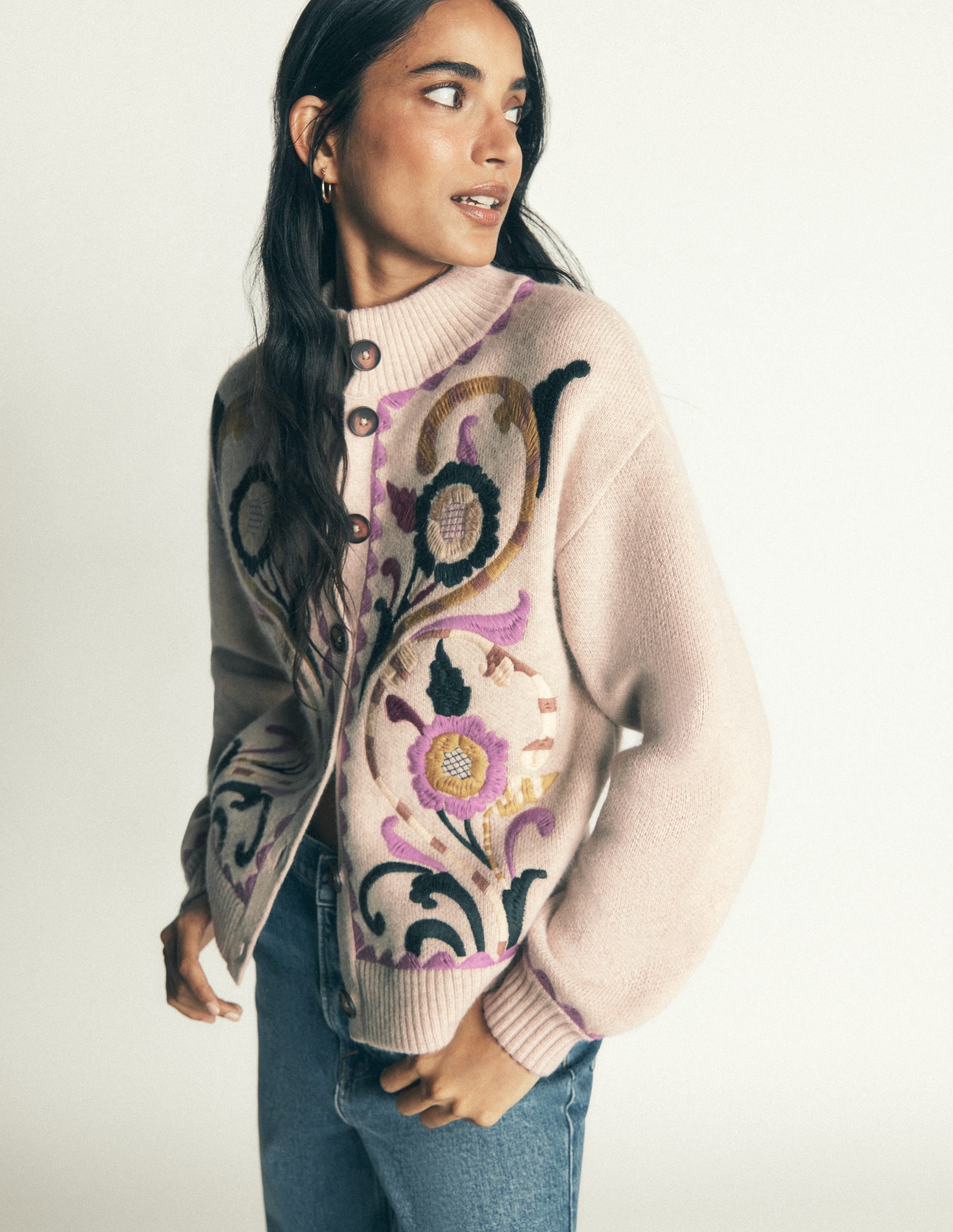 Jemma Jacquard Knit Cardigan - Oatmeal Melange, Embroidery | Boden USA