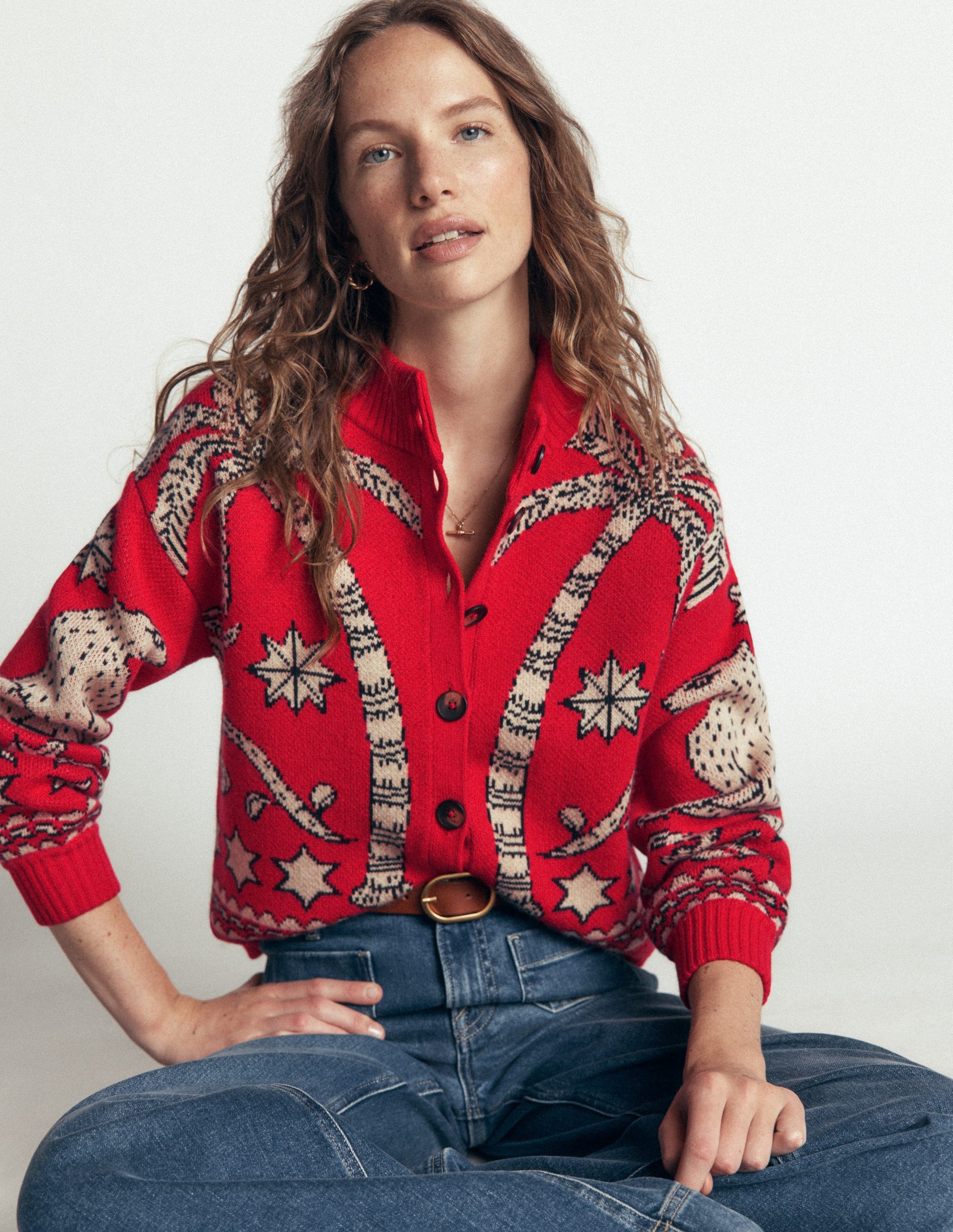 Jemma Jacquard Knit Cardigan-Merida Red Palm Tree-3
