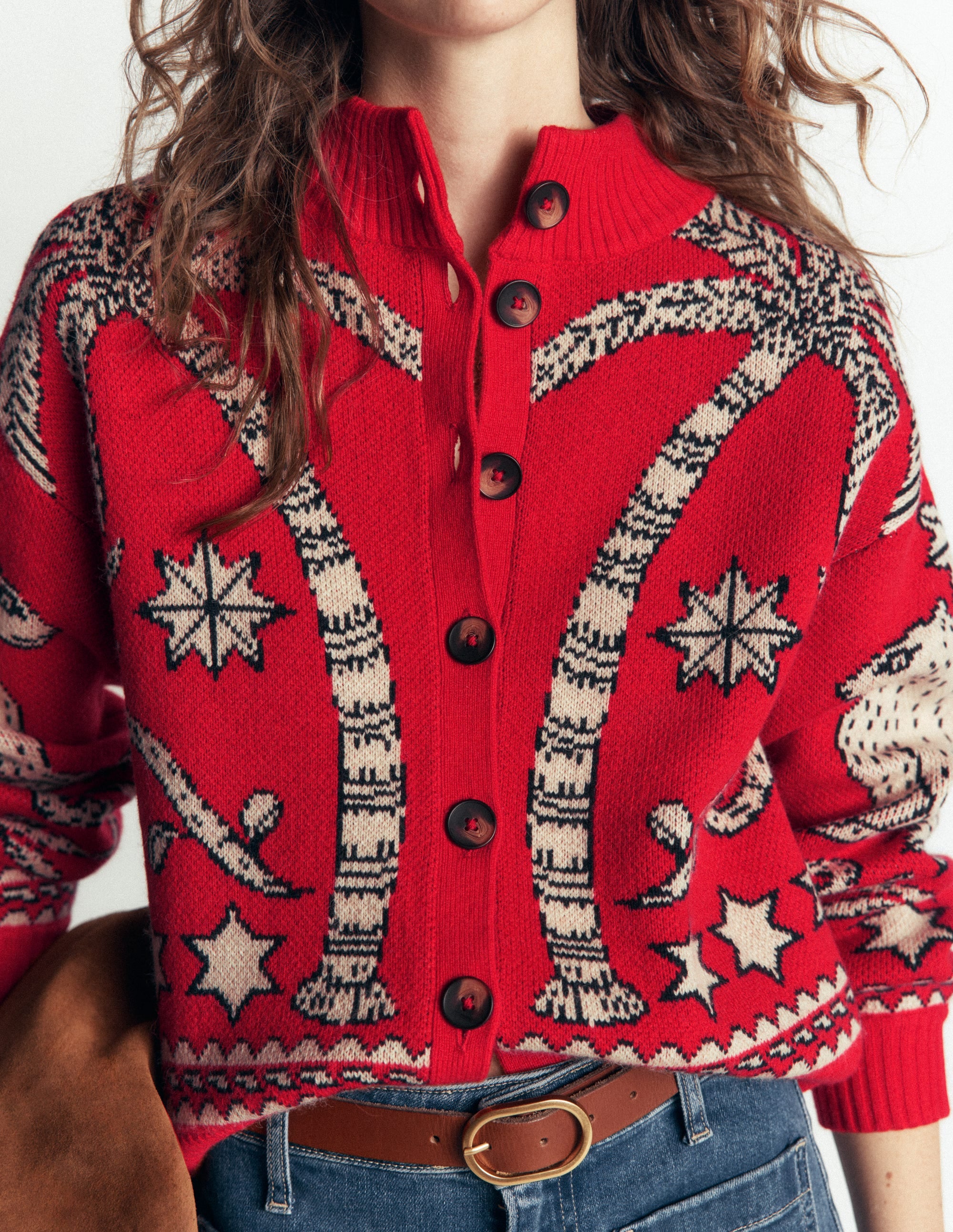 Jemma Jacquard Knit Cardigan-Merida Red Palm Tree - Image 3