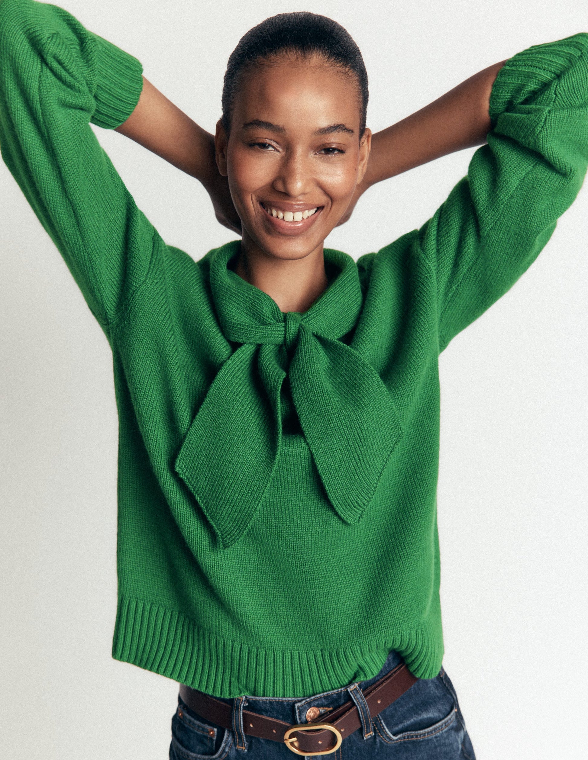 Lydia Tie Neck Knitted Sweater-Hunter Green Melange-1
