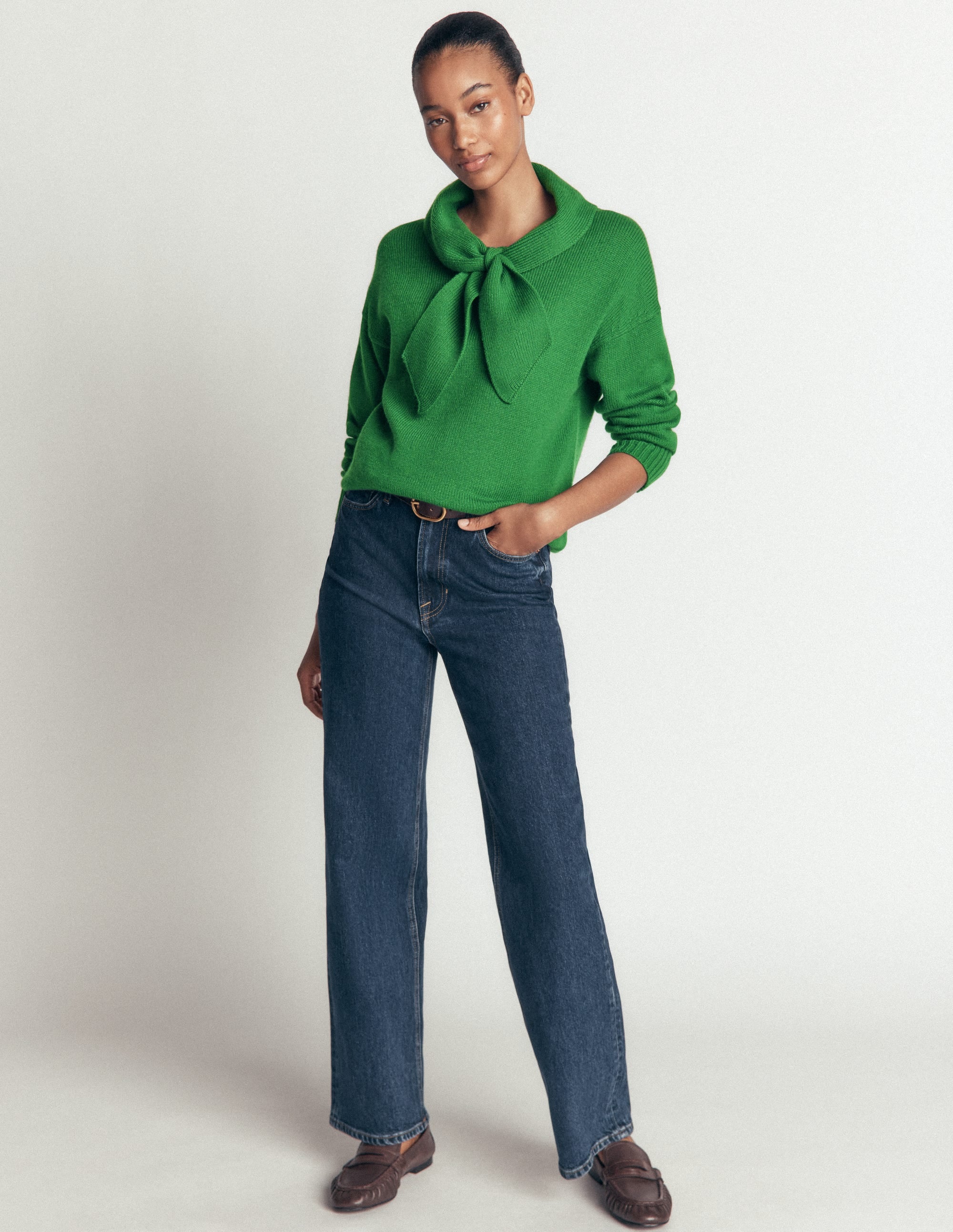 Lydia Tie Neck Knitted Sweater-Hunter Green Melange - Image 4