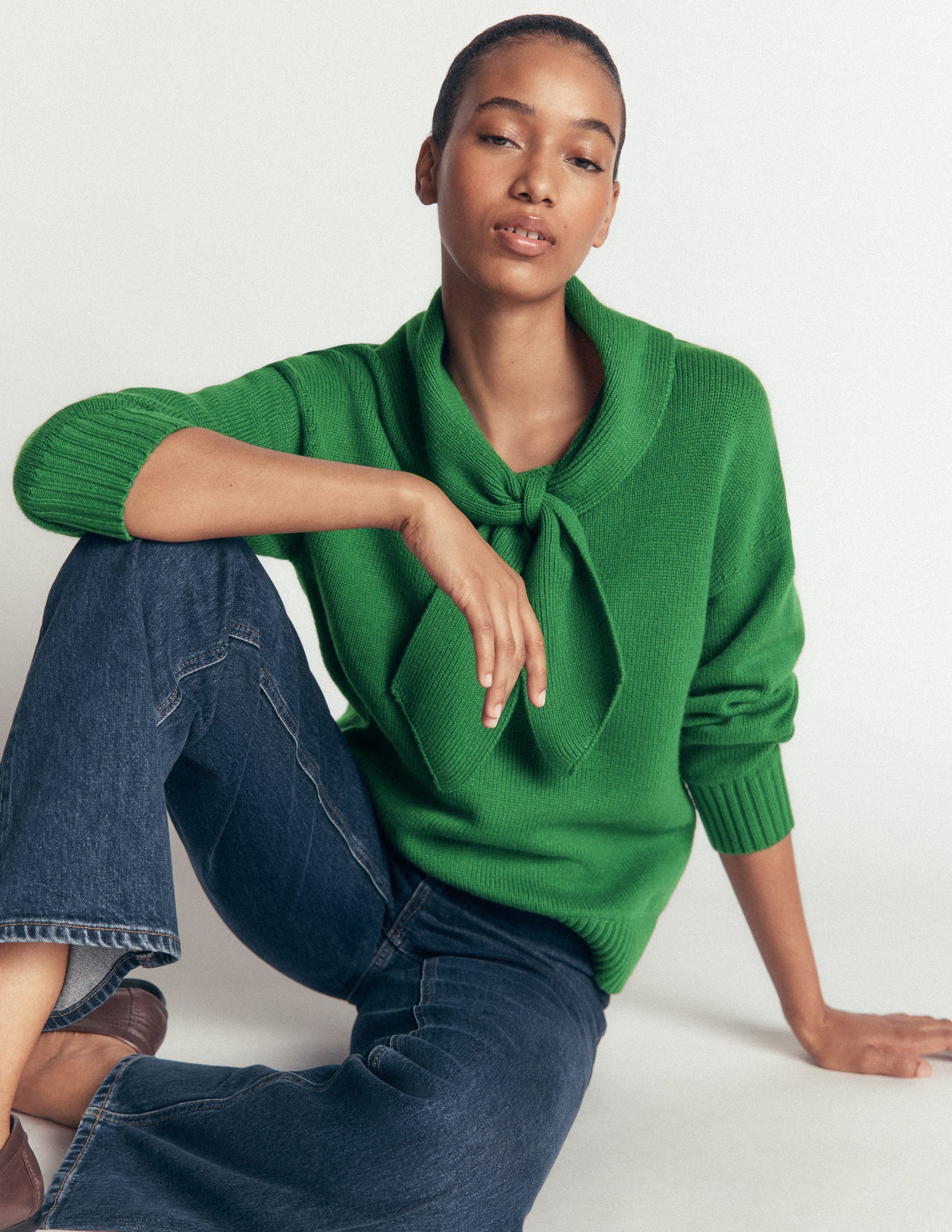 Lydia Tie Neck Knitted Sweater-Hunter Green Melange-5