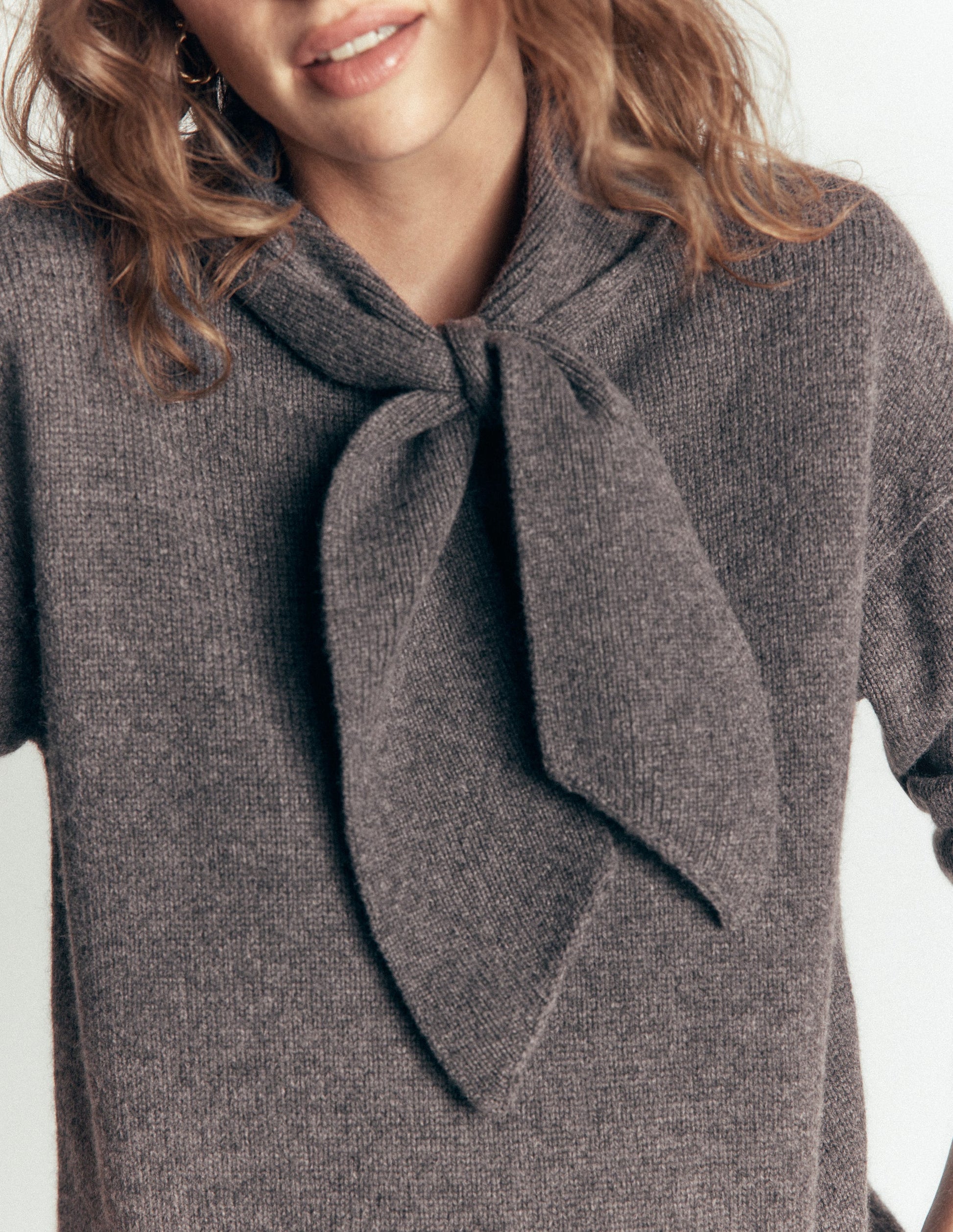 Lydia Tie Neck Knitted Sweater-Charcoal Melange-2