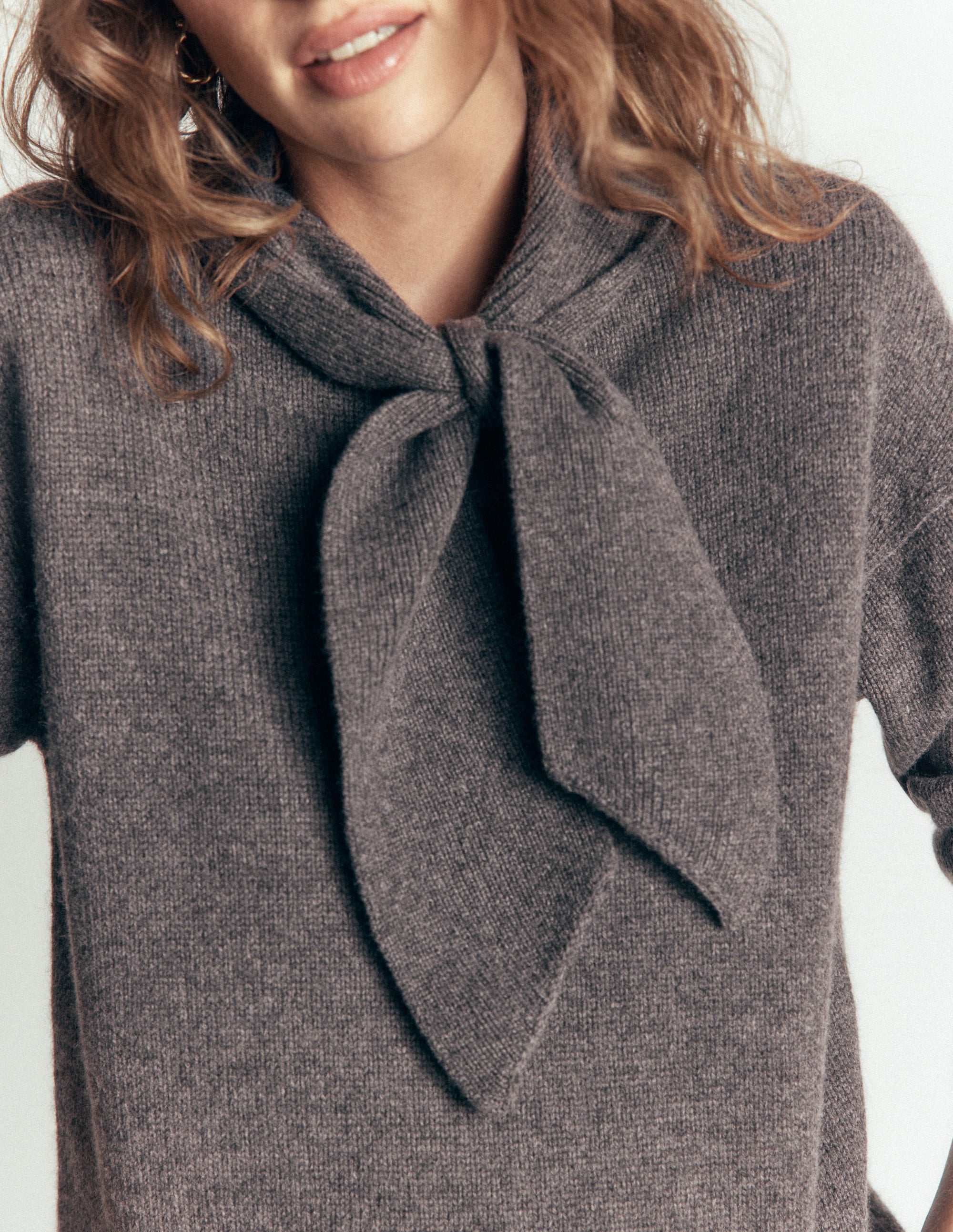 Lydia Tie Neck Knitted Sweater-Charcoal Melange - Image 2