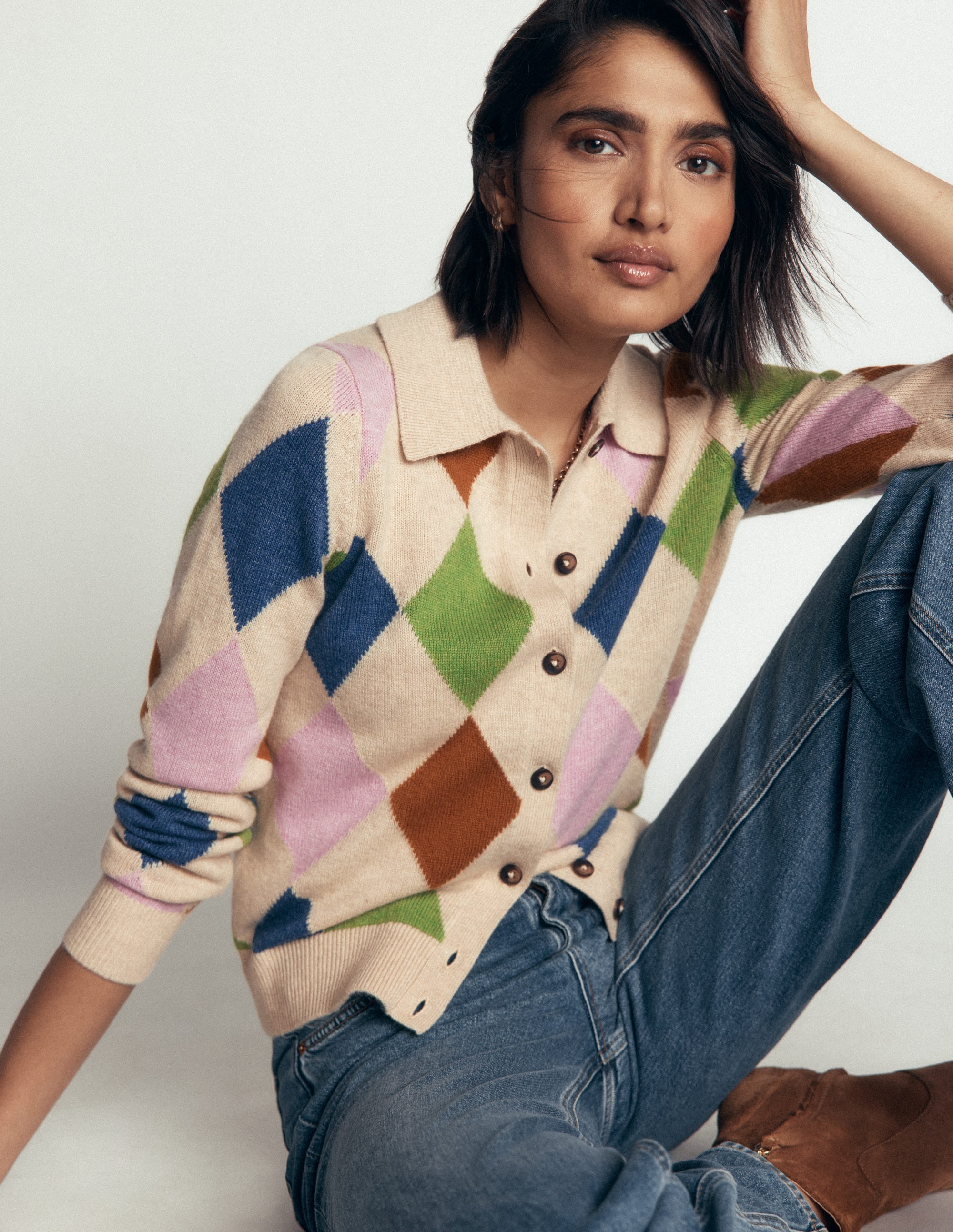 Ariadne Wool Blend Cardigan-Oatmeal Melange, Multi Argyle - Image 1