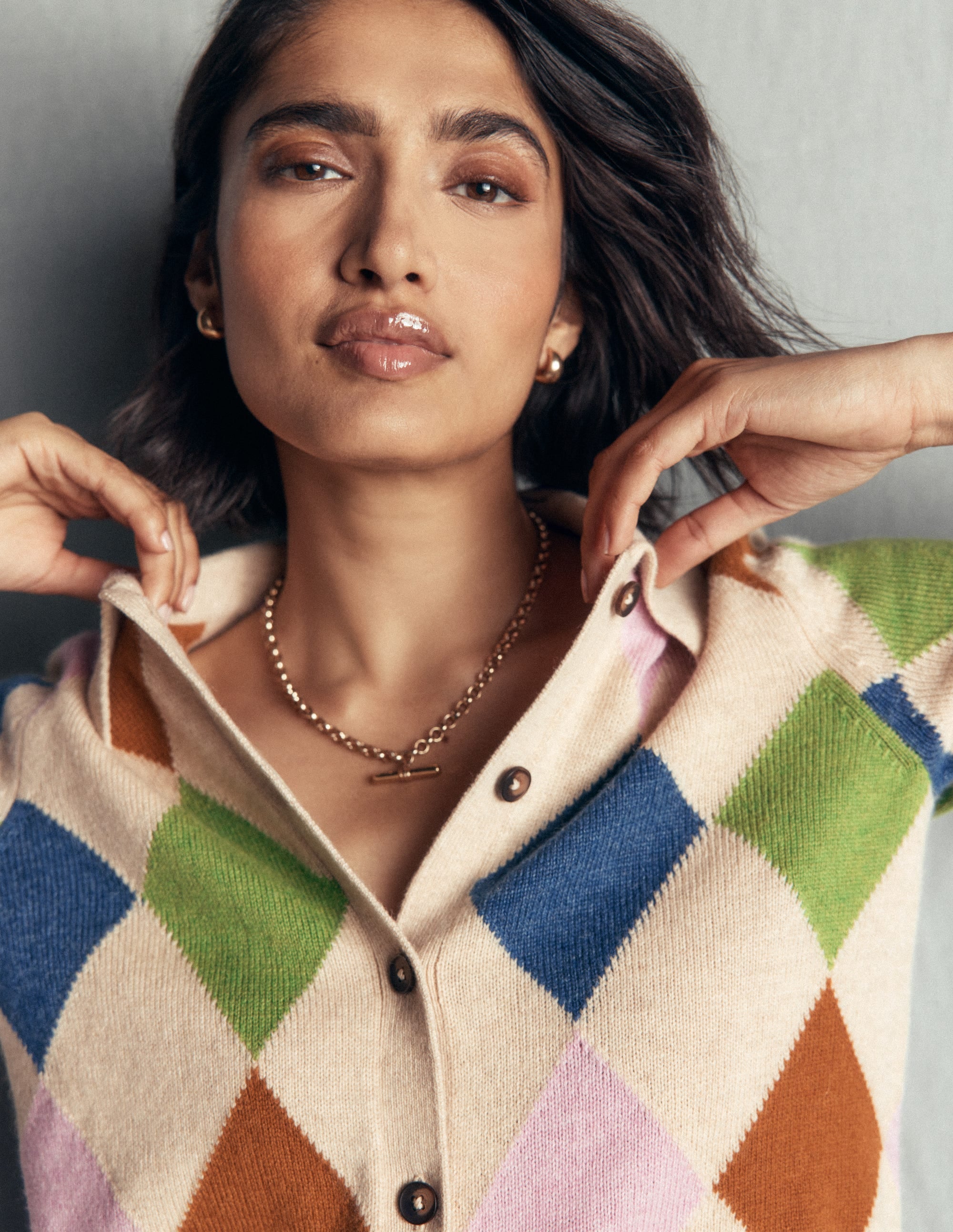 Ariadne Wool Blend Cardigan-Oatmeal Melange, Multi Argyle - Image 2