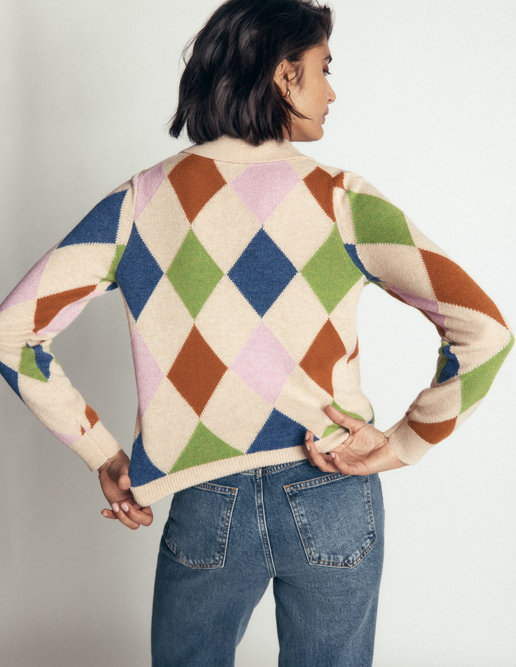 Ariadne Wool Blend Cardigan-Oatmeal Melange, Multi Argyle - Image 3