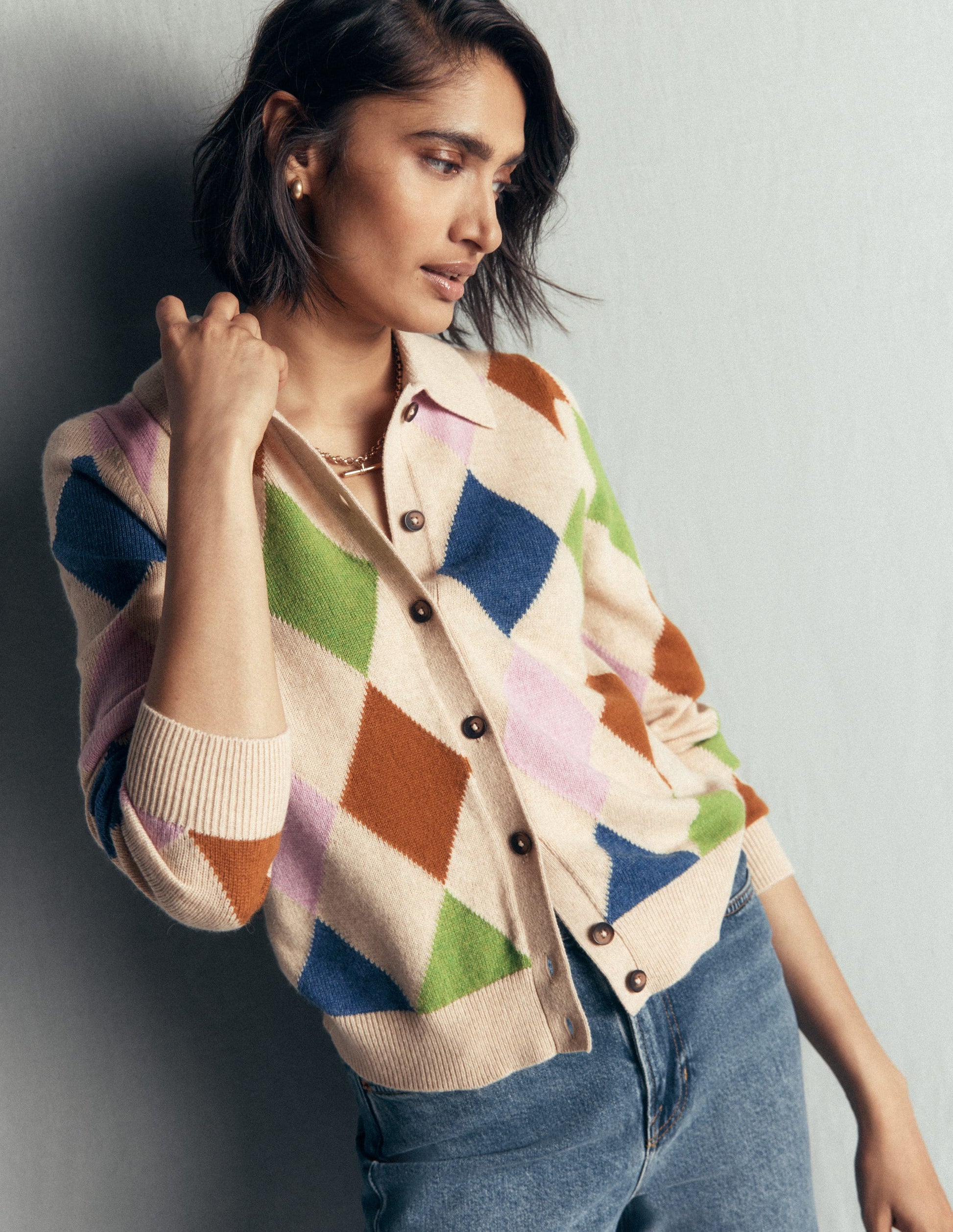Ariadne Wool Blend Cardigan-Oatmeal Melange, Multi Argyle-4