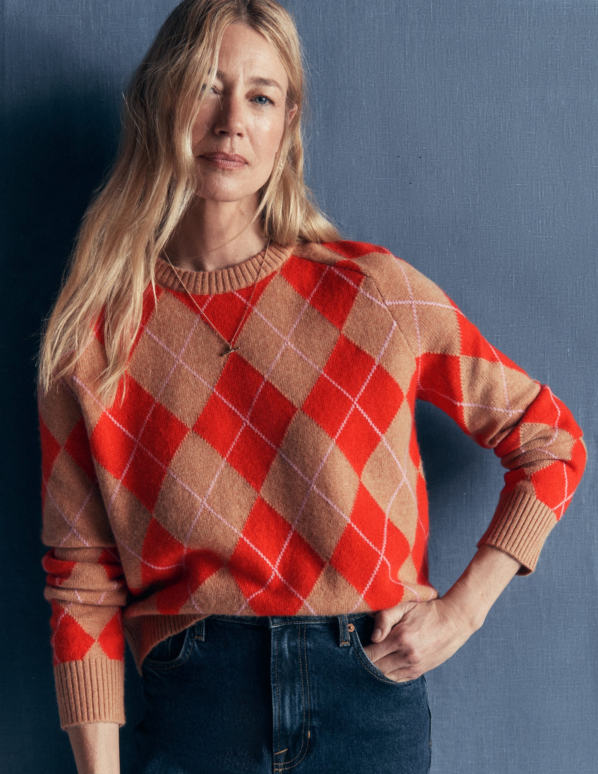 Ariadne Wool Blend Sweater-Orange Argyle - Image 5